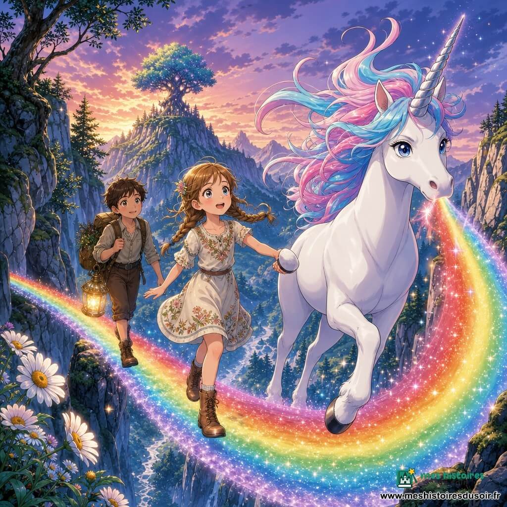 Une licorne blanche brillante à corne argentée et crinière irisée crée un pont d'arc‑en‑ciel étincelant entre deux falaises ; Lara, 10 ans, tresse châtain clair et robe à fleurs, tient la main de la licorne et avance, suivie de Tim, ~11 ans, cheveux courts bruns, sac à dos et lanterne magique ; ravin montagneux au crépuscule, falaises mousseuses, marguerites géantes et arbre magique en arrière‑plan, atmosphère d'espoir et étincelles magiques.