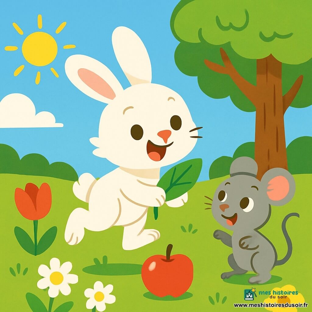 Un lapin aux grandes oreilles, au pelage blanc, saute joyeusement dans un jardin ensoleillé, tenant une feuille verte. À côté, une petite souris grise, avec de grands yeux et un petit nez rose, l'observe avec impatience. Le jardin est rempli de fleurs colorées sous un ciel bleu avec des nuages. Un arbre majestueux offre de l'ombre aux deux amis qui partagent un moment de joie autour d'une pomme rouge sur l'herbe, symbolisant leur amitié.