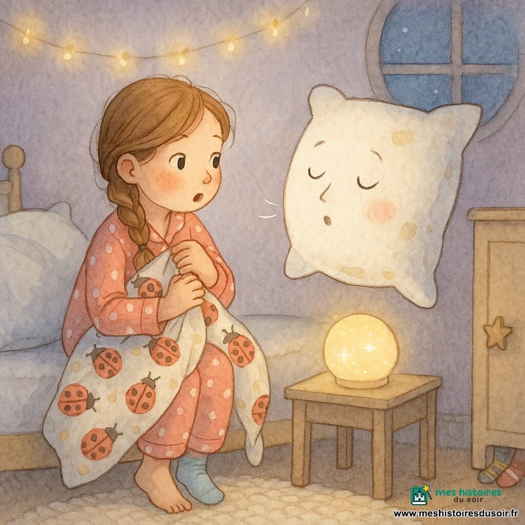 Lila, 10 ans, souriante et un peu étonnée, en tresse lâche et pyjama rose à pois, est assise au bord du lit en serrant une couette à coccinelles, une chaussette pendante, tandis que l’oreiller Biscotte, blanc avec taches jaune toast et une petite bouche chuchotante, flotte face à elle en lui révélant la « clé des rêves» ; la veilleuse lune pâle clignote doucement, un placard à chaussettes fermé à poignée étoile apparaît en arrière-plan, et la chambre lavande, chaleureuse et légèrement comique, est ornée d’une guirlande de lucioles et d’une fenêtre ronde laissant voir la lune bleue.