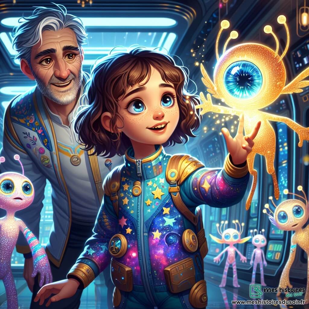 Au centre de l'image, Léna, une fille de 12 ans aux cheveux châtains bouclés et aux yeux curieux, admire un groupe de Zorblans. Elle porte une combinaison spatiale colorée avec des motifs d'étoiles et exprime une joie intense en tendant la main vers un Zorblan pour toucher son cristal luminescent. À côté, le capitaine Vega, un homme d'une quarantaine d'années aux cheveux grisonnants, observe avec fierté la connexion entre Léna et les Zorblans. Ces créatures aux grands yeux irisés dansent autour d'elle, créant une atmosphère joyeuse. Le décor futuriste de la Station Stellaire Alpha est rempli de lumières scintillantes et de panneaux de contrôle, avec des fenêtres montrant un ciel étoilé. Cette scène symbolise l'amitié entre les espèces à travers un moment d'échange intergalactique.