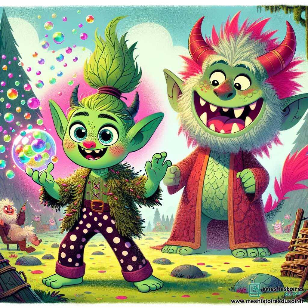 Au centre de l'image, un jeune troll nommé Bidouille, avec une peau couleur mousse et des oreilles en forme de feuille de chou, se tient debout, les yeux pétillants d'excitation et un grand sourire. Il porte un pantalon à pois et un manteau qui gratte, dont une manche est accrochée à une armoire branlante. À sa droite, un dragon grincheux nommé Kroumph, immense et couvert d'écailles rouges, rit aux éclats, sa moustache rose fluo flottant dans l'air. En arrière-plan, l'arène des Monstres Nonchalants est un vaste cercle de pierres moussues, entouré de gradins où des créatures diverses, comme un minotaure tricotant et un ogre bâillant, observent la scène avec surprise et joie. Bidouille, avec une potion brillante à la main, provoque un nuage de bulles colorées autour de Kroumph, tandis que des confettis volent dans les airs, créant une ambiance festive.