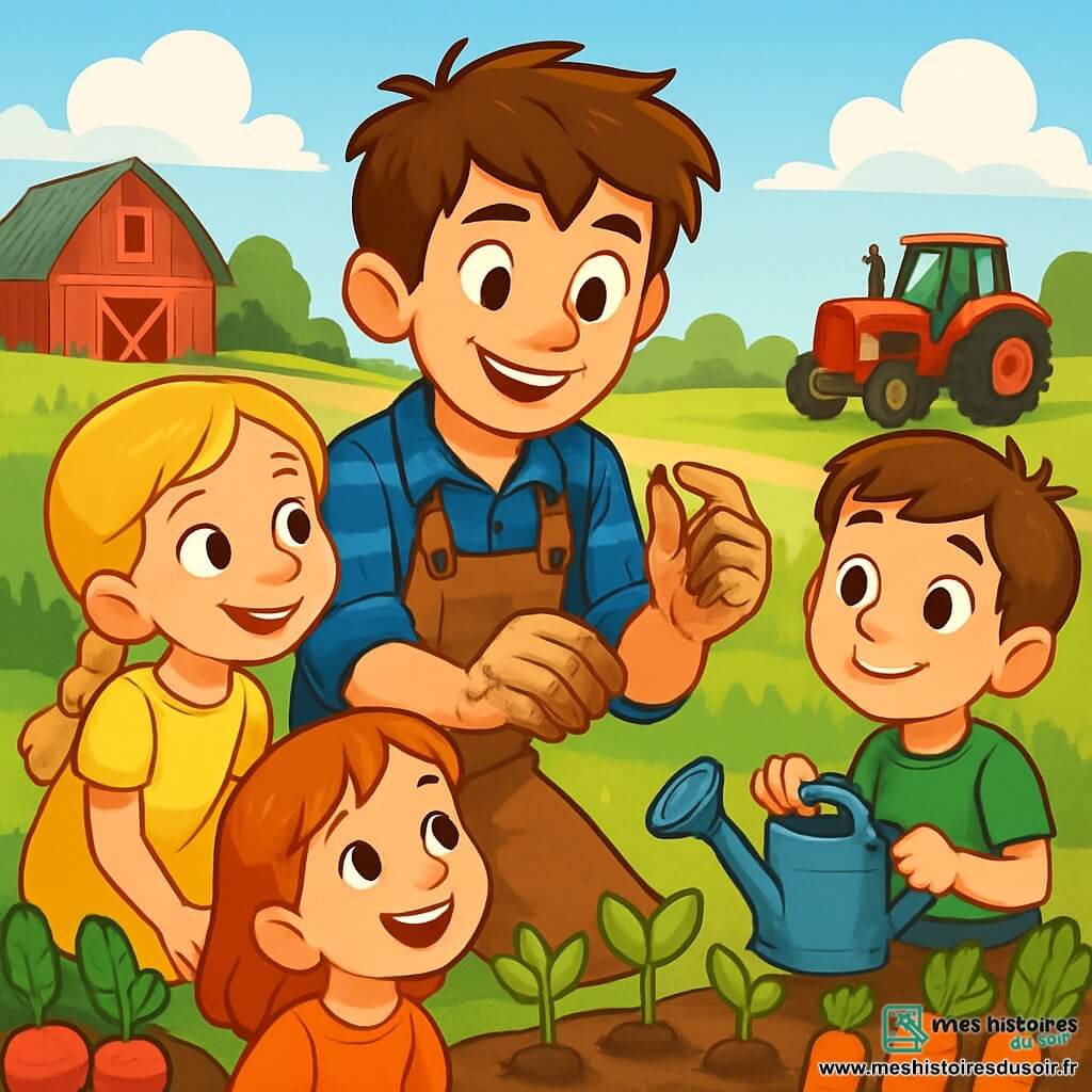 Lucas, un jeune homme souriant et déterminé, est au centre de l'image, avec des cheveux bruns en bataille, une chemise à carreaux bleue et un pantalon de travail en toile. Ses mains sont couvertes de terre et il tient une petite graine, prêt à la planter. À ses côtés, un groupe d'enfants de 7 à 9 ans l'observe. Une fille aux cheveux blonds tressés en robe jaune admire la graine, tandis qu'un garçon aux cheveux châtains en t-shirt vert s'apprête à arroser les jeunes plants. Ils sont assis sur l'herbe, entourés de légumes colorés. Le décor est une ferme animée avec des champs verdoyants, des poules et un vieux tracteur rouge. Lucas explique aux enfants comment semer les graines, et l'excitation est palpable.