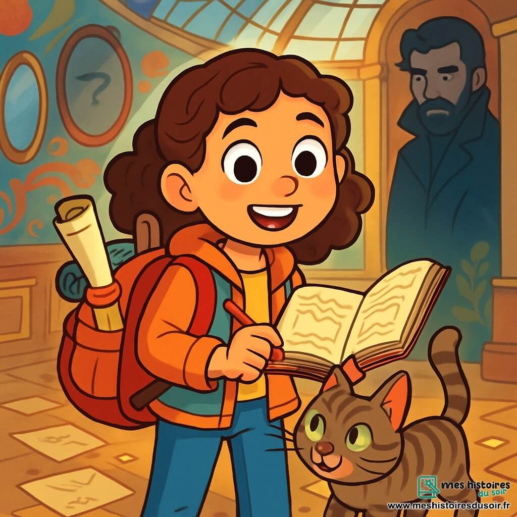 Amandine, une jeune fille de 10 ans aux cheveux châtains bouclés et aux yeux curieux, se tient au centre de l'image avec un carnet à la main et un sourire émerveillé. Elle porte une veste légère et un sac à dos d'exploration. À ses côtés, Grisou, son chat tigré espiègle, se frotte contre sa jambe, prêt pour l'aventure. En arrière-plan, un homme mystérieux au manteau sombre, d'environ 40 ans, avec une barbe grisonnante et un regard intense, l'observe avec méfiance. Le lieu est une vaste salle circulaire, aux murs couverts de miroirs anciens et de fresques colorées, éclairée par des rayons de lumière filtrant à travers un dôme de verre. Amandine feuillette un carnet ancien, tandis que Grisou explore les lieux, et l'homme semble hésiter, prêt à révéler un secret.