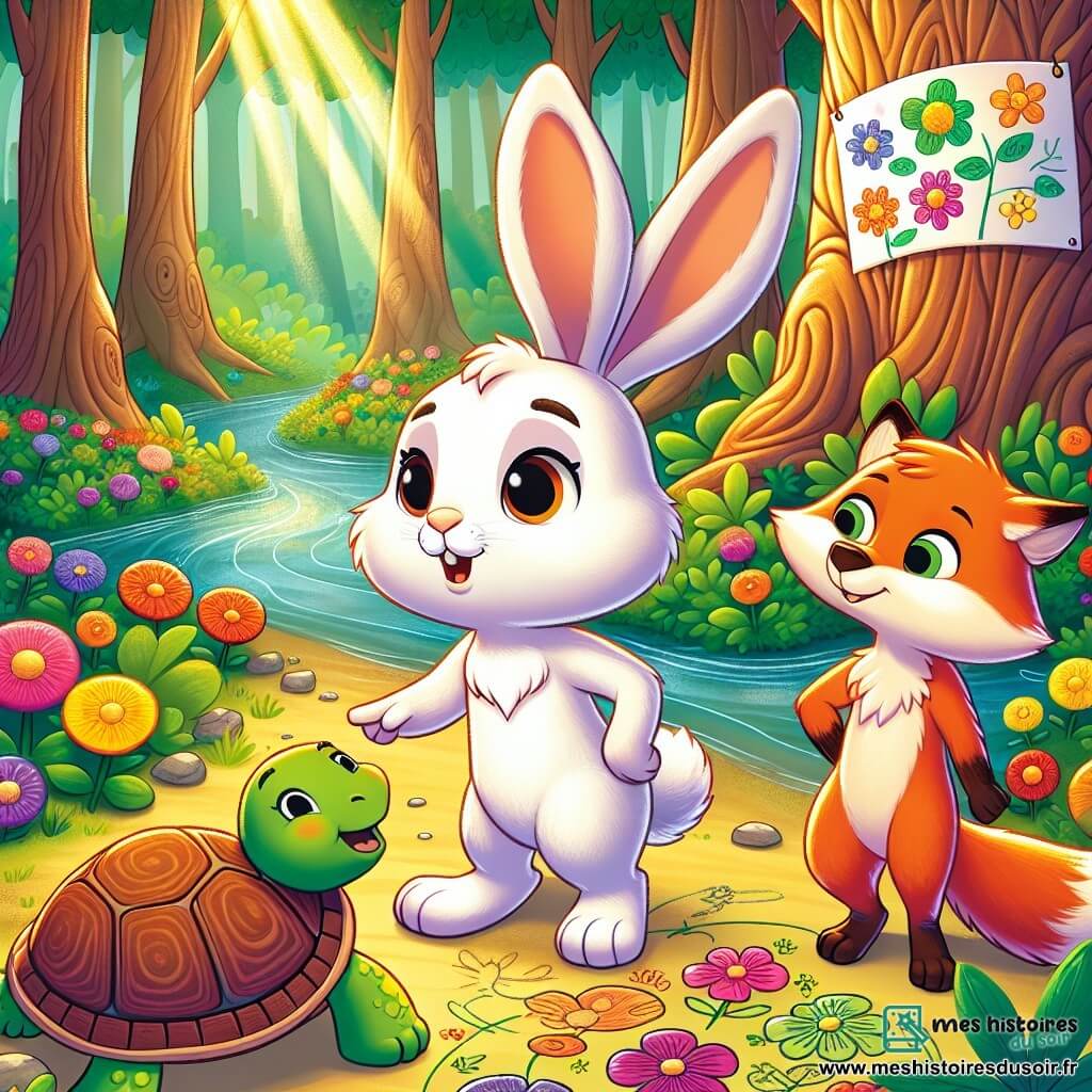 Illustration d'un petit lapin aux grandes oreilles et pelage blanc avec des taches brunes, curieux et déterminé, debout sur ses pattes arrière, tenant une pancarte colorée. À côté, une tortue au carapace verte et brune, souriante, observe le lapin, tandis qu'un renard au pelage roux vif dessine des plans sur le sol. Le décor est une forêt enchantée avec des fleurs éclatantes, de grands arbres et un ruisseau scintillant. Le lapin et ses amis rassemblent les animaux pour expliquer l'importance de prendre soin de l'environnement et de planter des fleurs contre le changement climatique. Des papillons colorés volent autour d'eux, des affiches faites à la main sont accrochées aux arbres, et une atmosphère d'unité et d'espoir se dégage.