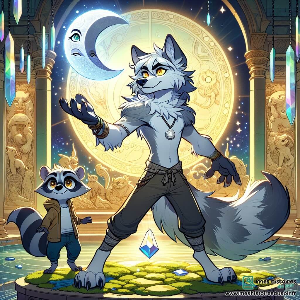 Au centre de l'image, Léo, un jeune loup-garou au pelage argenté, se tient fier et déterminé, les yeux dorés fixés sur un artefact en forme de croissant d'argent qui flotte devant lui. À ses côtés, Rocco, un raton laveur aux yeux pétillants, l'observe avec admiration, prêt à applaudir. Le décor est une salle de temple ancien, ornée de fresques lumineuses et de cristaux scintillants. Léo est sur le point de saisir l'Artefact de la Lune, encouragé par Rocco, alors qu'une silhouette majestueuse veille sur le trésor, créant une atmosphère magique et mystérieuse.