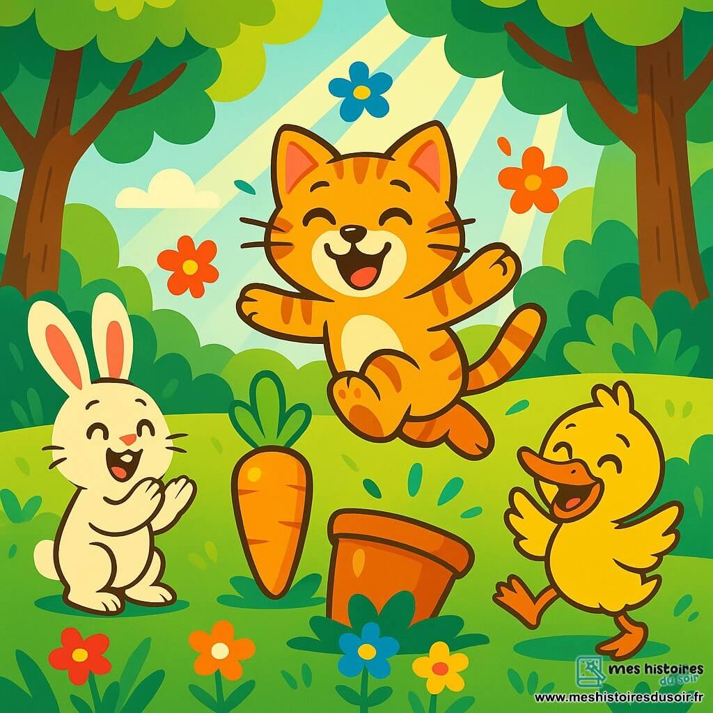 Un chat tigré nommé Pompom, avec un pelage doux et des yeux brillants, saute joyeusement dans les airs, entouré de fleurs colorées. À côté, Léon le lapin, aux grandes oreilles et au pelage blanc, applaudit avec enthousiasme. Riri le canard, au plumage jaune éclatant, fait des bonds en riant. La scène se déroule dans une forêt enchantée, avec des arbres majestueux et des rayons de soleil illuminant le sol parsemé de fleurs. Au centre, une grande carotte dorée attire tous les regards. Pompom tente de sauter par-dessus la carotte, mais trébuche et tombe dans un pot de fleurs, provoquant un moment hilarant qui fait rire ses amis.