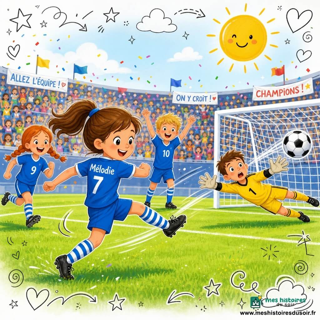 Mélodie, environ 10 ans, cheveux bruns en queue de cheval, maillot bleu vif et chaussettes rayées, souriante et concentrée, frappe un ballon blanc et noir vers le but dans un geste dynamique ; un garçon blond coéquipier a les bras levés derrière elle après une passe, une fille rousse en tresses court à gauche en encouragement, et un gardien en jaune plonge trop tard à droite ; le ballon entre dans le filet sous des éclats de lumière, l’équipe célèbre sur une pelouse verte dans un grand stade aux tribunes colorées, banderoles, confettis et un ciel clair avec un soleil doodle souriant, style enfantin et chaleureux.