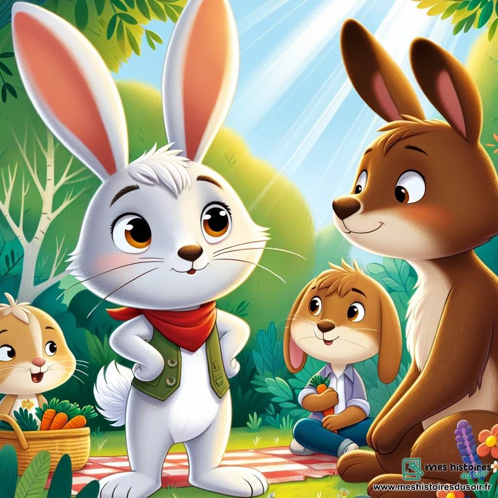 Léo, un petit lapin aux grandes oreilles et à la fourrure blanche, se tient au centre de la scène, déterminé et souriant, prêt à parler à ses parents. Il porte un foulard rouge symbolisant son courage. À sa droite, son père, Lapinou, avec sa fourrure brune et ses yeux doux, écoute attentivement, assis sur une couverture de pique-nique. À sa gauche, sa mère, Lapinette, a une fourrure crème et un sourire chaleureux, tenant un panier de carottes. La scène se déroule dans une forêt verdoyante, avec des arbres aux feuilles éclatantes et des fleurs colorées, sous un soleil brillant. Léo exprime ses sentiments à ses parents, créant un moment chaleureux de communication familiale.