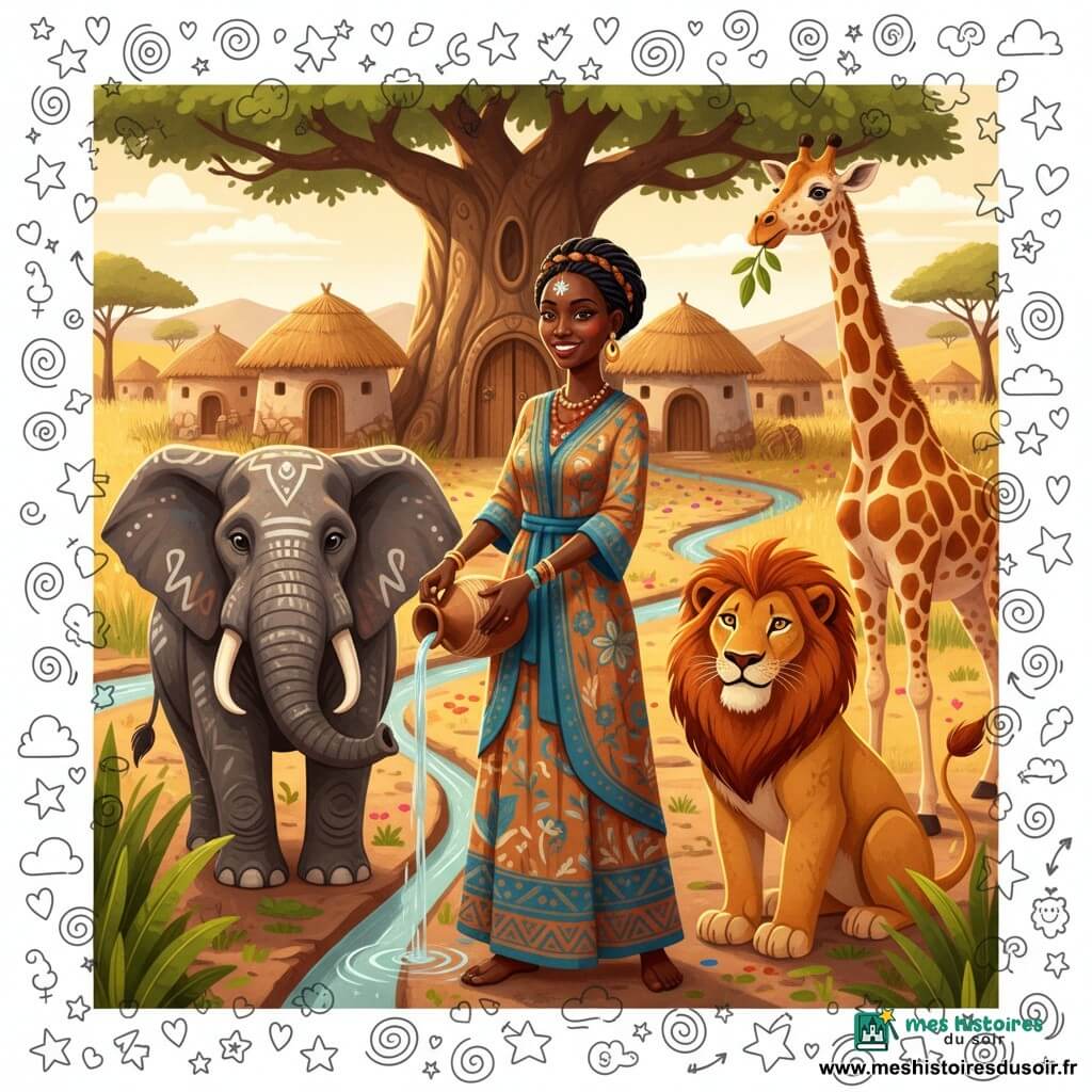 Amina, femme adulte au visage souriant et déterminé, peau couleur miel et cheveux noirs tressés en couronne, verse de l'eau claire d'une gourde en argile dans un petit canal d'irrigation; l'eau scintille et la terre reverdit instantanément. À sa gauche, Tembo l'éléphant sage, grand et trompe levée, peau grise ornée de motifs blancs, aide à guider l'eau; à sa droite, Simba le lion musclé à la crinière rousse observe avec bienveillance tandis que, en arrière à droite, Nala la girafe élancée baisse le cou pour regarder la scène en mâchant des feuilles. Le village s'étend sous un grand baobab ancien avec une porte sculptée ouverte, maisons rondes en terre cuite aux toits d'herbe, rues parées de pétales colorés et petits canaux réfléchissant le ciel; composition chaleureuse aux teintes ocre, vermillon et vert émeraude, textures marquées (terre craquelée, bois sculpté, perles du collier).