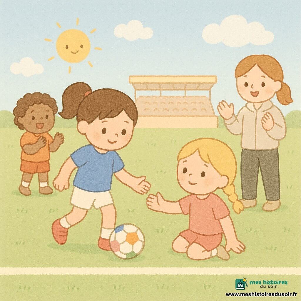 Emma, environ 8 ans, cheveux bruns en queue de cheval, tenue sportive bleue, short blanc et chaussures rouges, souriante et concentrée, dribble doucement un ballon rond et coloré sur une pelouse verte avec ligne blanche dans un petit stade lumineux; une amie d’environ 8 ans, blonde en tresse, lui tend la main après une petite chute; une coéquipière d’environ 9 ans, cheveux bouclés, applaudit en souriant en arrière; l’entraîneuse (30–40 ans) en tenue sportive encourage depuis la ligne; ambiance chaleureuse, couleurs pastel, formes rondes et silhouettes simples, ciel bleu avec quelques nuages et soleil bas.