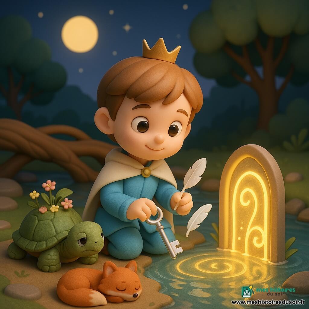 Un jeune prince d'environ 10 ans, agenouillé au bord d'une rivière, visage doux et concentré, yeux brillants, cheveux châtain clair, vêtu d'un habit bleu ciel et d'une petite cape ivoire, tient une clé d'argent et pose une plume blanche sur une porte d'eau brillante qu'il ouvre, faisant jaillir des volutes dorées dans une eau claire reflétant la lune; à sa gauche une vieille tortue à carapace verte avec un mini-jardin de fleurs et, au premier plan, un petit renard roux blotti contre sa cape; décor de pont de racines et pierres plates, ciel crépusculaire bleu profond avec lune et étoiles, feuilles lumineuses, palette pastel, textures lisses et éclairage doux et chaleureux.