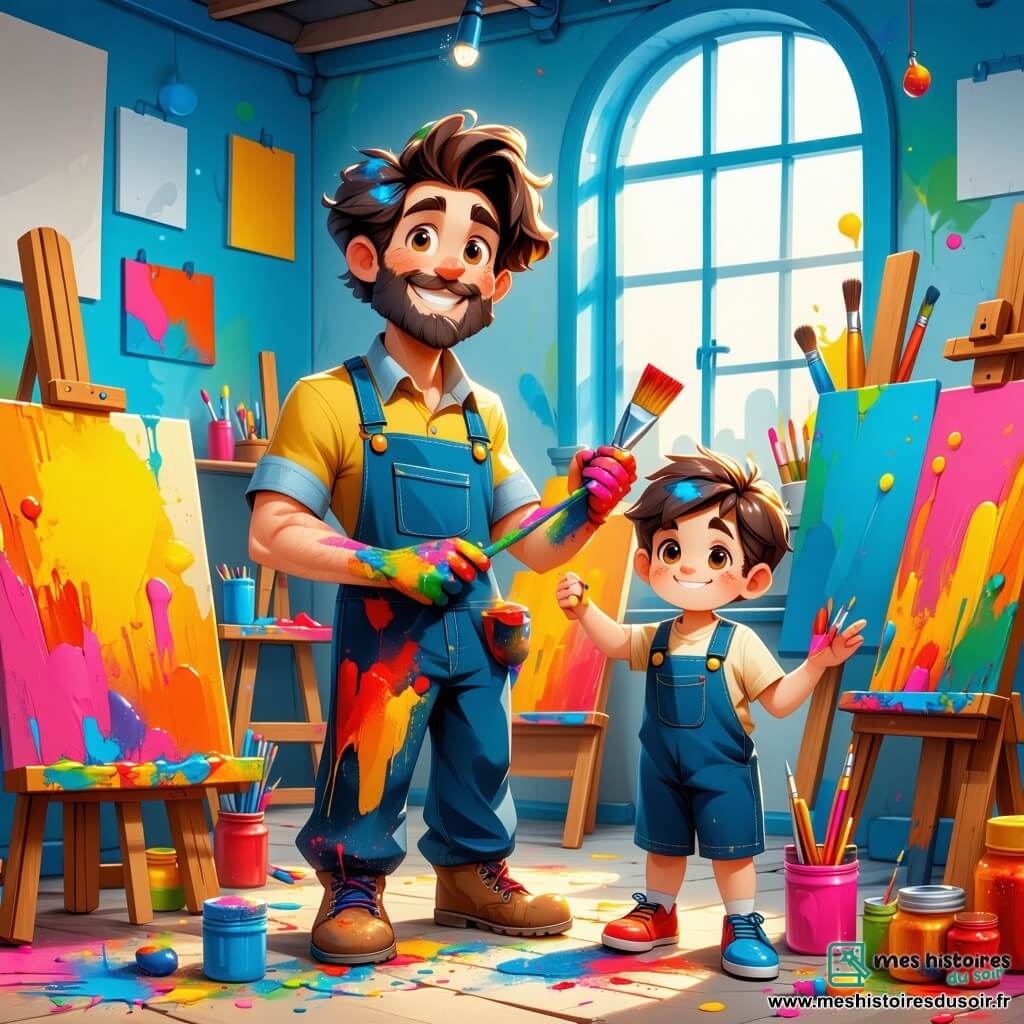 Arthur, un homme d’une trentaine d’années, se tient dans son atelier lumineux, entouré de toiles et de sculptures. Il a des cheveux bouclés et une barbe légère, et son visage exprime joie et créativité. Il tient un pinceau, tandis que son autre main est tachée de peinture. À ses côtés, Lucien, un garçon de dix ans aux cheveux bruns en bataille, observe avec émerveillement une toile en cours, les mains dans les poches de son short. L’atelier, rempli de couleurs vives et de formes variées, est illuminé par la lumière du soleil filtrant à travers de grandes fenêtres. Arthur explique à Lucien l’importance de l’art, tandis que ce dernier l’écoute attentivement, fasciné par cet univers créatif.