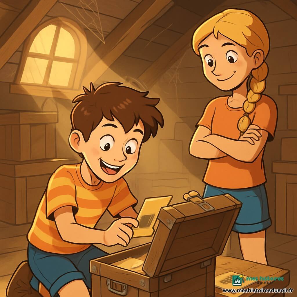 Un garçon de 12 ans, Antonin, aux cheveux bruns en bataille et aux yeux curieux, est agenouillé devant une vieille malle en bois, le visage illuminé par l'excitation. Il porte un t-shirt rayé et un short, fouillant avec enthousiasme dans la malle. À ses côtés, sa grande sœur Louise, 14 ans, aux cheveux blonds tressés et au sourire malicieux, observe avec impatience. Le grenier est magique, rempli de vieilles caisses et de souvenirs oubliés, avec des rayons de lumière filtrant à travers une lucarne. Antonin ouvre la malle, révélant des lettres jaunies et des photographies en noir et blanc, tandis que Louise se penche en avant, impatiente de découvrir les secrets de leur famille.