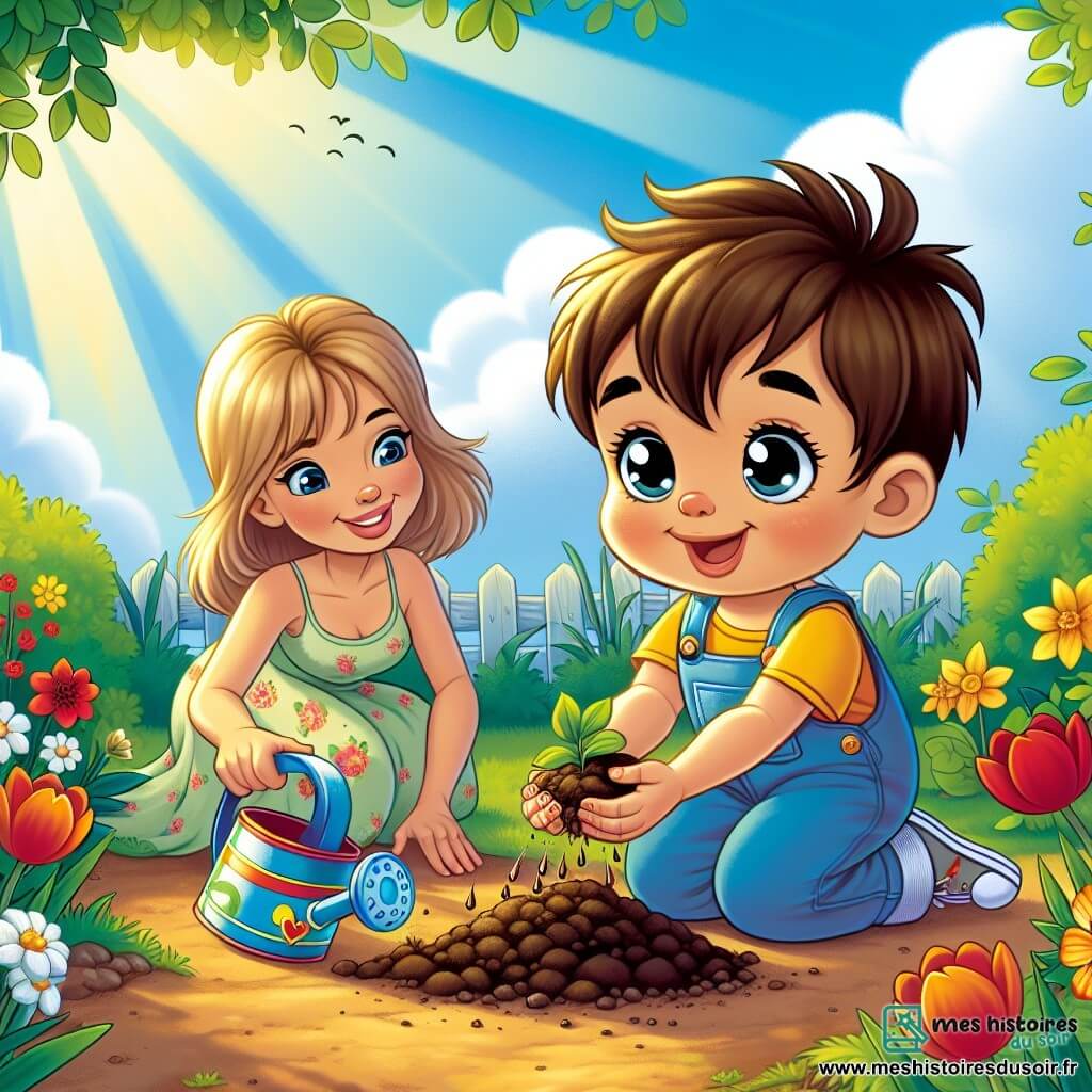 Léo, un petit garçon de 2 ans aux cheveux bruns en désordre et aux yeux curieux, est accroupi dans un jardin ensoleillé, souriant en plantant des graines. Il porte une salopette bleue et un t-shirt jaune, ses mains pleines de terre témoignent de son enthousiasme. À côté de lui, sa maman, une femme d'environ 30 ans aux cheveux longs et blonds, l'encourage avec un sourire, vêtue d'une robe légère aux motifs floraux et tenant un arrosoir coloré. Le jardin est rempli de fleurs éclatantes sous un ciel bleu clair, avec des oiseaux chantant et un papillon coloré volant autour d'eux. La scène montre Léo, joyeux et concentré, tandis que sa maman l'observe avec fierté, créant une atmosphère de bonheur printanier.