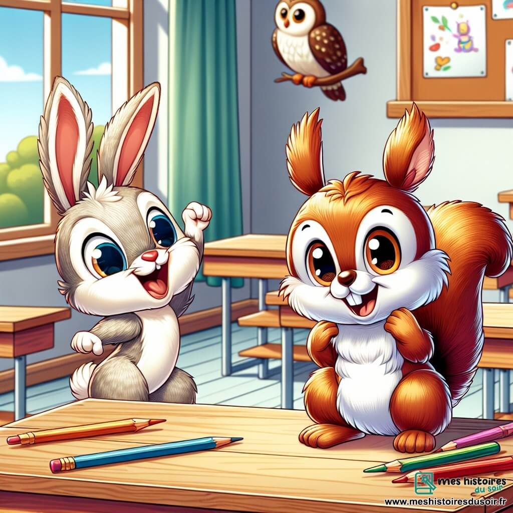 Illustration d'un petit écureuil à fourrure brune et aux yeux curieux, assis sur un banc en bois dans une salle de classe. Enthousiaste et un peu nerveux, il tient un crayon et un papier, prêt à partager ses dessins. À ses côtés, une lapine espiègle, aux longues oreilles et aux yeux vifs, saute de joie avec un grand sourire, encourageant son ami. Un hibou sage, perché sur une fenêtre, observe la scène avec bienveillance, ses plumes grises et blanches brillent sous la lumière, semblant fier de ses camarades. La salle de classe est chaleureuse, avec des murs décorés de dessins colorés, des fenêtres laissant passer la lumière, et des tables en bois où d'autres animaux sont attentifs. L'écureuil, nerveux mais déterminé, s'apprête à dévoiler ses œuvres dans une ambiance joyeuse. Des crayons de couleur sont éparpillés sur la table, des fleurs en papier décorent les murs, et une affiche "Exposition d'Art" en lettres colorées crée une atmosphère festive.