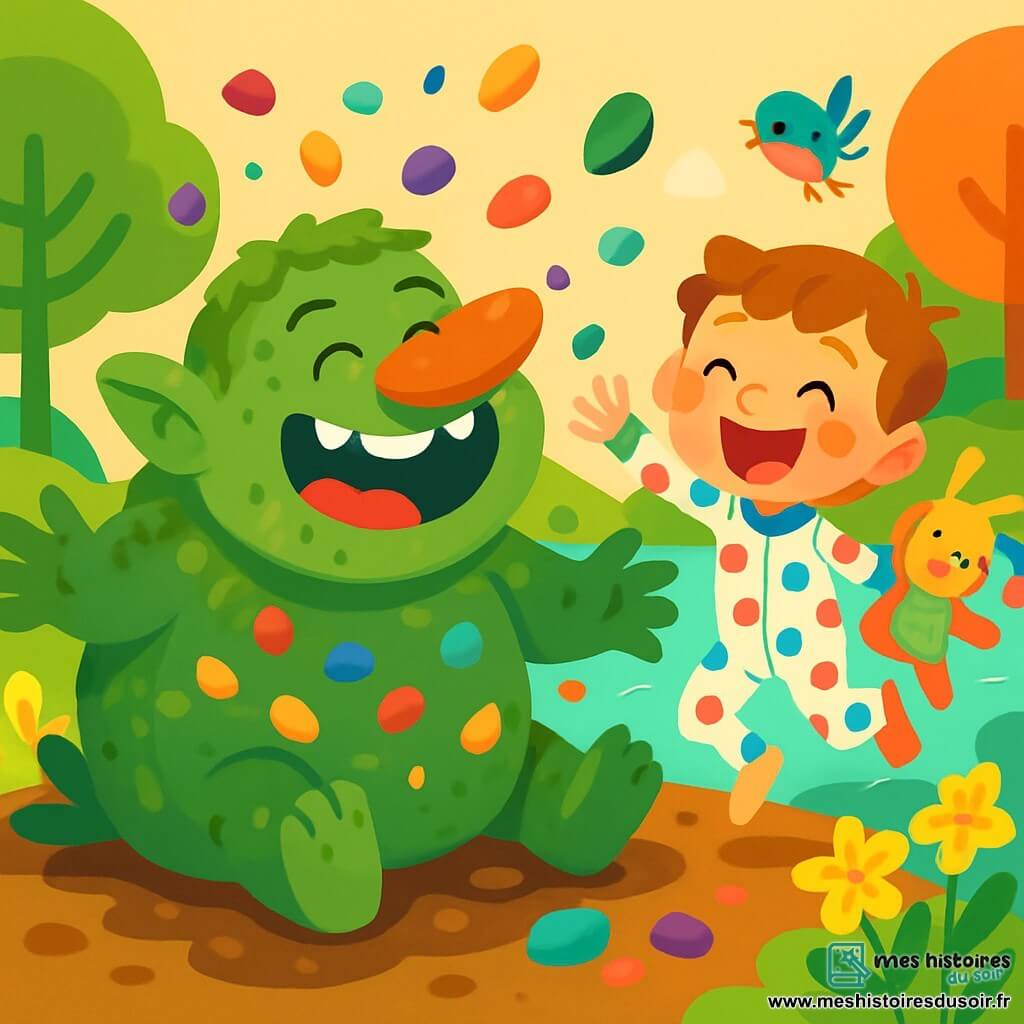 Un troll nommé Trombolin, grand et rond, avec une peau verte et un nez en forme de carotte, rit aux éclats. Ses yeux brillent de joie et ses dents blanches scintillent. Il est assis dans la boue, les bras ouverts, entouré de cailloux colorés qui flottent autour de lui. À côté, Trifouille, un petit garçon de 7 ans avec des oreilles en ressorts et un pyjama à pois, saute de joie en tenant son doudou, Monsieur Chiffon. La scène se déroule au bord d'une rivière où l'eau scintille sous le soleil, entourée d'arbres aux feuilles en forme de sucettes et de fleurs qui éternuent. Trombolin et Trifouille s'amusent à ramasser des cailloux colorés, créés par les éternuements de Trombolin, dans une atmosphère joyeuse, avec des oiseaux-chapeaux chantant autour d'eux.