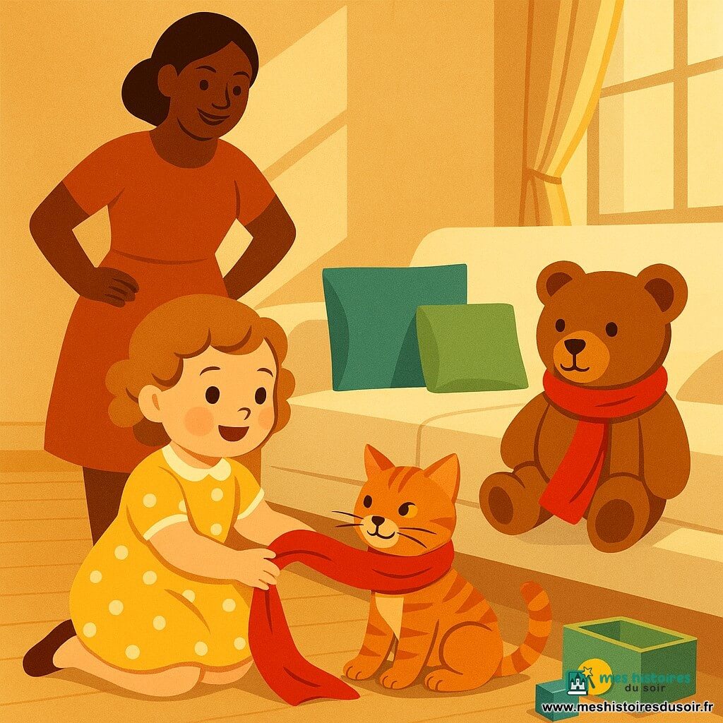 Une fillette de 2 ans, joyeuse, cheveux bouclés châtain clair, en robe jaune à pois blancs, à genoux tendant la main vers une petite écharpe rouge tenue par un chat tigré orange et blanc au regard malicieux ; un ours en peluche marron clair, écharpe rouge enroulée autour du cou, est assis sur le canapé à droite ; la mère (environ 30 ans) sourit, debout en retrait à gauche, mains sur les hanches ; salon lumineux à parquet clair, grand canapé crème et coussins colorés, boîte à jouets ouverte et rayon de soleil entrant par une fenêtre à rideau léger ; ambiance chaude et complice, couleurs pastel contrastées par le rouge vif de l’écharpe, composition simple aux formes géométriques stylisées art déco et textures douces adaptées aux tout-petits.