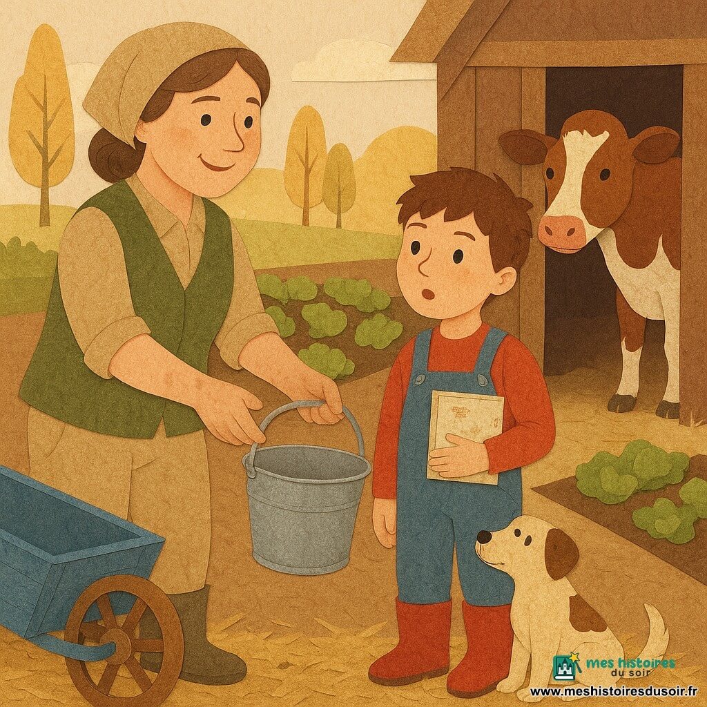 Lise, agricultrice d'une trentaine d'années au visage rond et au sourire doux, vêtue de toile beige et d'un gilet vert, mains un peu terreuses, tend un seau vers l'étable tandis qu'à ses côtés un garçon de neuf ans en salopette en jean et bottes rouges, carnet taché à la main, la regarde, étonné et curieux; près d'eux, Nougat, petit chien beige tacheté, remue la queue sur la paille; en arrière-plan, une vache brune tachetée à l'entrée de l'étable tourne la tête vers Lise; la scène se déroule dans la cour de la ferme au petit matin — sol de terre et paille, brouette en bois bleu, potager triangulaire de laitues et peupliers baignés d'une lumière dorée — dans une atmosphère calme et chaleureuse de découverte et de travail partagé, représentée en collages de papiers découpés aux textures visibles et aux couleurs chaudes.