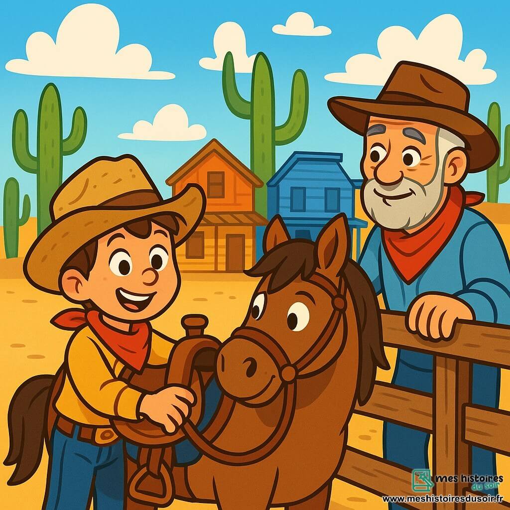 Un jeune cow-boy, Billy Bronco, dix ans, avec un chapeau de paille usé et un grand sourire, selle son cheval, Tonnerre. Ses yeux brillent d'excitation. À proximité, son ami Sam, un homme d'environ cinquante ans avec une barbe grisonnante et un bandana rouge, l'observe avec bienveillance, prêt à donner des conseils. La scène se déroule dans la ville poussiéreuse de Cactus Valley, entourée de maisons en bois colorées et de cactus sous un ciel bleu. Billy se prépare pour la Grande Course Sauvage, un événement palpitant où les cavaliers affrontent des défis naturels, l'air étant chargé d'excitation et de poussière.