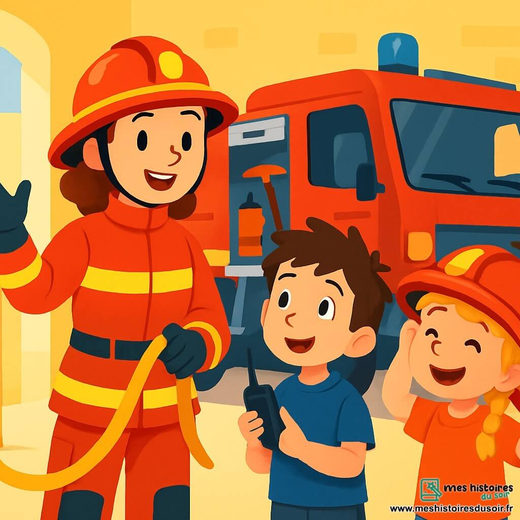 Léa, une femme pompier souriante en uniforme rouge vif, se tient devant un camion de pompier étincelant. À ses côtés, Tom, un garçon de 8 ans aux cheveux bruns, regarde avec émerveillement en tenant un talkie-walkie. Emma, une fille de 7 ans avec des tresses blondes, essaie de porter le casque de Léa en riant. La scène se déroule dans une caserne lumineuse aux murs jaunes. Léa explique avec enthousiasme son métier, captivant l'attention des enfants.