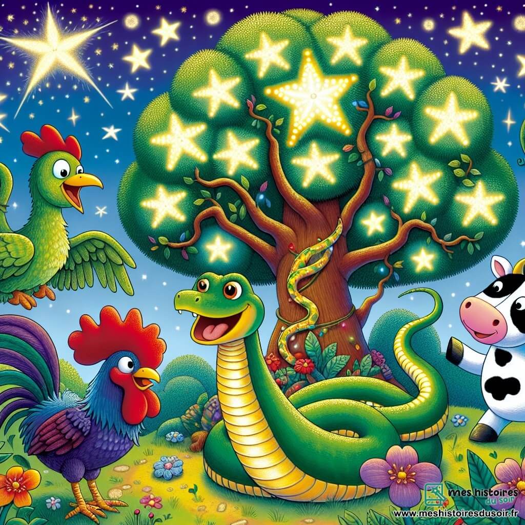 Un serpent nommé Serpentino, aux écailles vertes et dorées et aux grands yeux curieux, se faufile joyeusement autour d'un arbre aux étoiles, souriant et prêt à découvrir un gâteau mystérieux. À ses côtés, Bernard le coq, avec ses plumes rouges éclatantes, chante avec enthousiasme, tandis que Marguerite la vache, douce et ronde, attend avec excitation de goûter au gâteau. L'arbre aux étoiles, majestueux et scintillant, se dresse au centre, entouré de fleurs colorées et de petits animaux curieux. Serpentino et ses amis sont en quête du fameux gâteau aux vers de terre, dans une ambiance festive et joyeuse, remplie de rires et d'amitié.