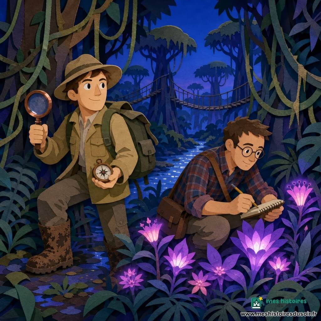 Pierre, visage déterminé, tient une vieille loupe en cuivre et une boussole; à côté, Léo, ~30 ans, cheveux courts et lunettes rondes, accroupi près d'une touffe de fleurs phosphorescentes, observe une plante avec carnet et crayon, tous deux éclairés par une lueur violette qui illumine leurs visages; la scène se déroule dans une forêt dense au crépuscule, au premier plan un champ de fleurs luminescentes violettes et roses, en arrière-plan des ponts de lianes fragiles, une rivière scintillante et de grands arbres moussus, atmosphère magique et paisible.
