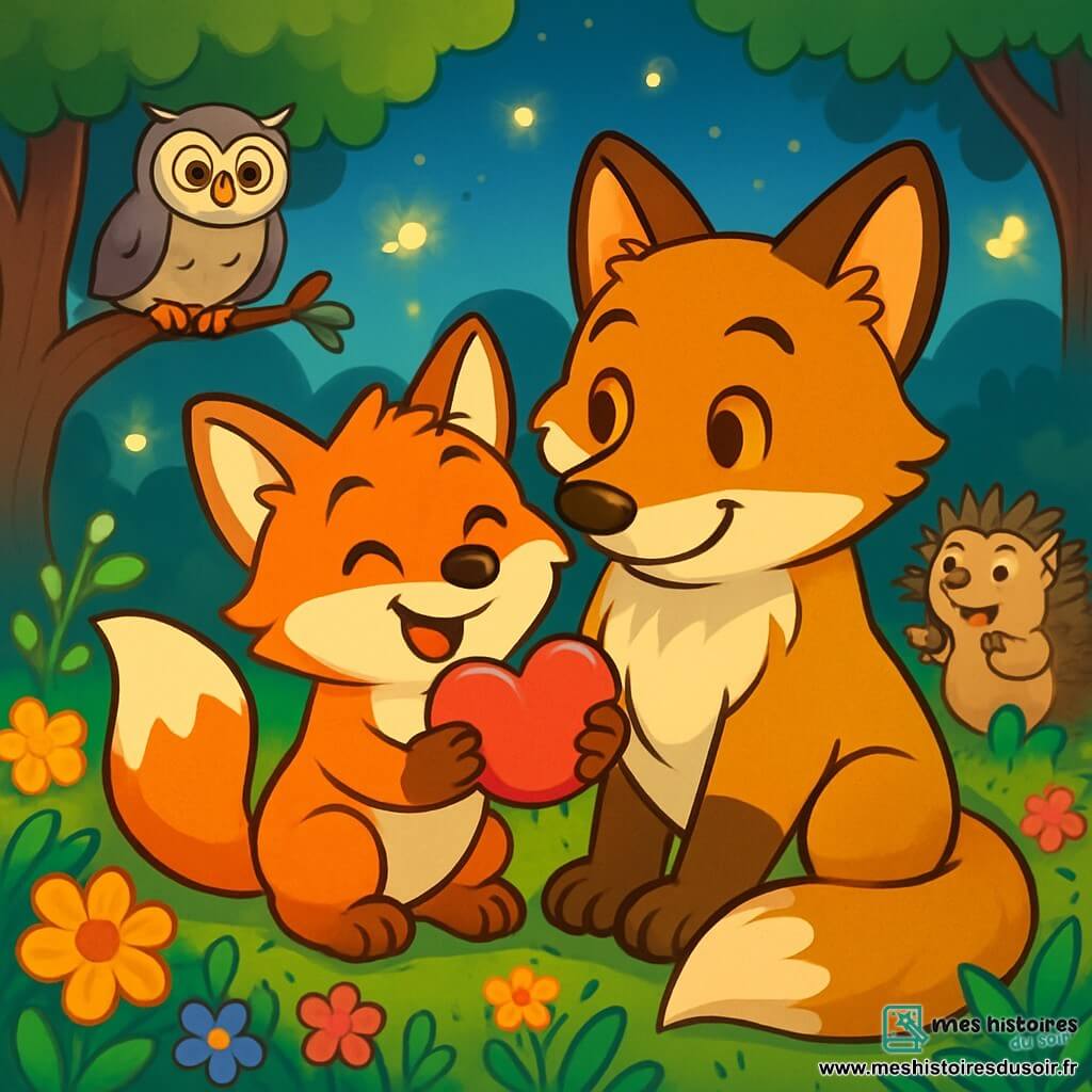 Dans une clairière enchantée, un jeune renard nommé Félix, avec une fourrure rousse et des yeux pétillants, tient une pierre en forme de cœur, souriant joyeusement. À ses côtés, son papa renard au pelage brun doré l'observe avec fierté, le protégeant de ses pattes. La clairière est illuminée par des fleurs sauvages et des lucioles, créant une ambiance magique. Des amis animaux comme Lila la chouette et Gustave le hérisson applaudissent, ajoutant à la célébration de la fête des pères, où Félix offre son cadeau à son père dans une atmosphère chaleureuse.