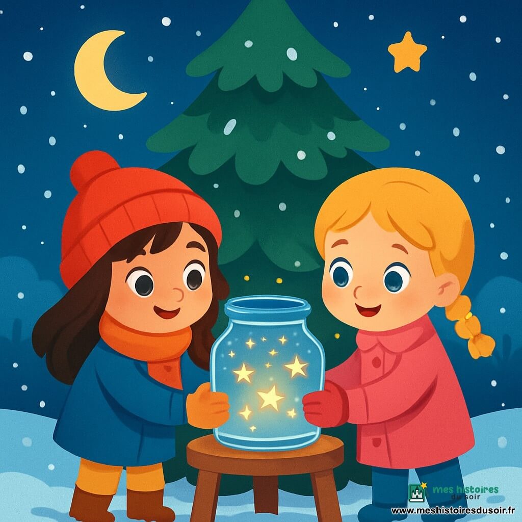 Deux petites filles de 3 ans, Lila aux cheveux bruns et Mia aux cheveux blonds, se tiennent devant un vieux sapin dans leur jardin enneigé. Lila porte un bonnet rouge et tient un bocal décoré de flocons de neige, tandis que Mia, en manteau rose, l'aide à porter le bocal. La nuit étoilée est illuminée par la lune et la douce lumière du bocal. Elles posent la veilleuse sur une table en bois sous le sapin, tandis que la neige tombe doucement, créant une atmosphère magique et chaleureuse.