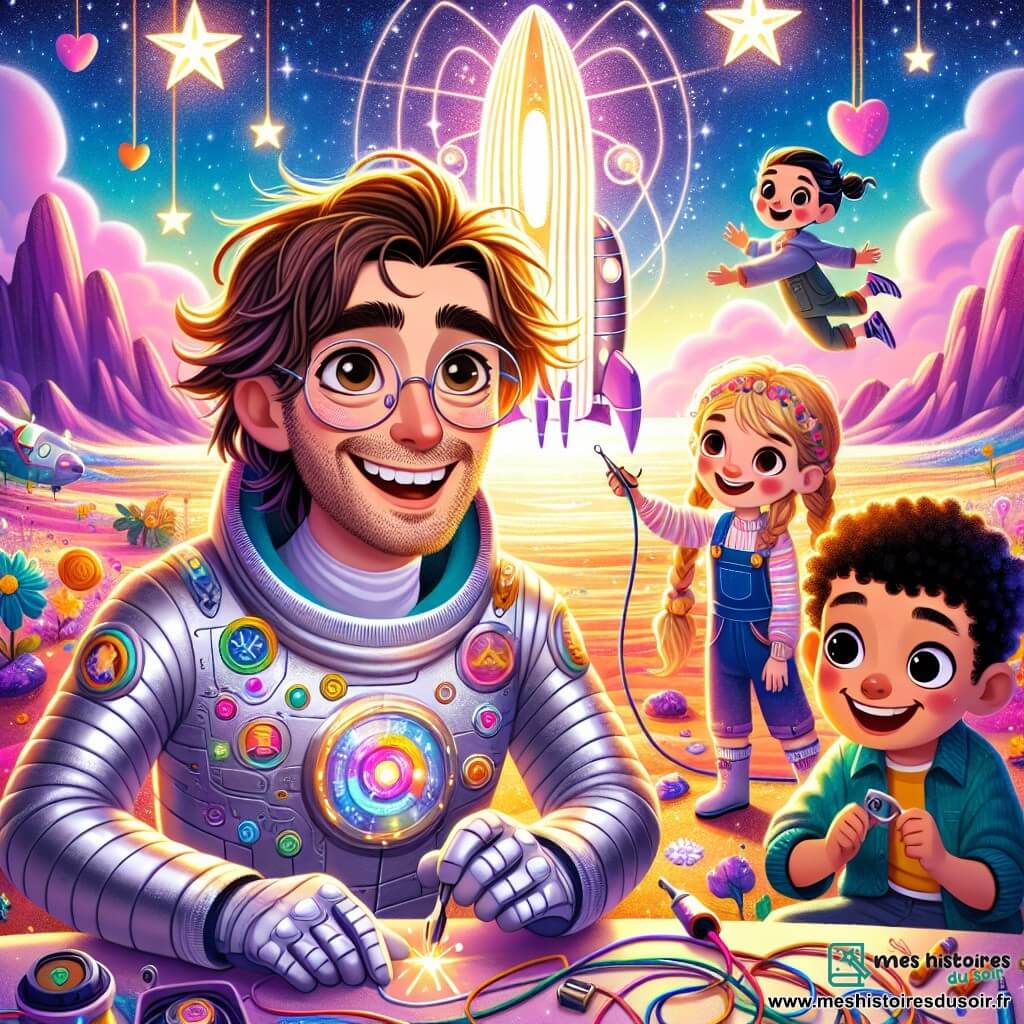 Un homme nommé Alex, avec des cheveux bruns en bataille et des lunettes rondes, sourit devant une grande machine brillante. Il porte une combinaison spatiale argentée ornée de boutons colorés, et ses yeux pétillent de joie. À ses côtés, Lila, une fille d'environ 10 ans avec des cheveux blonds tressés et une salopette bleue, ajuste un outil, concentrée et enthousiaste. Max, un garçon de 10 ans avec des cheveux noirs et un grand sourire, se tient à côté d'Alex, prêt à piloter leur vaisseau. La scène se déroule sur une planète colorée avec des montagnes violettes et des rivières dorées sous un ciel étoilé. Alex et ses amis découvrent une machine magique émettant une lumière douce, symbolisant l'espoir et l'énergie propre pour leur planète.