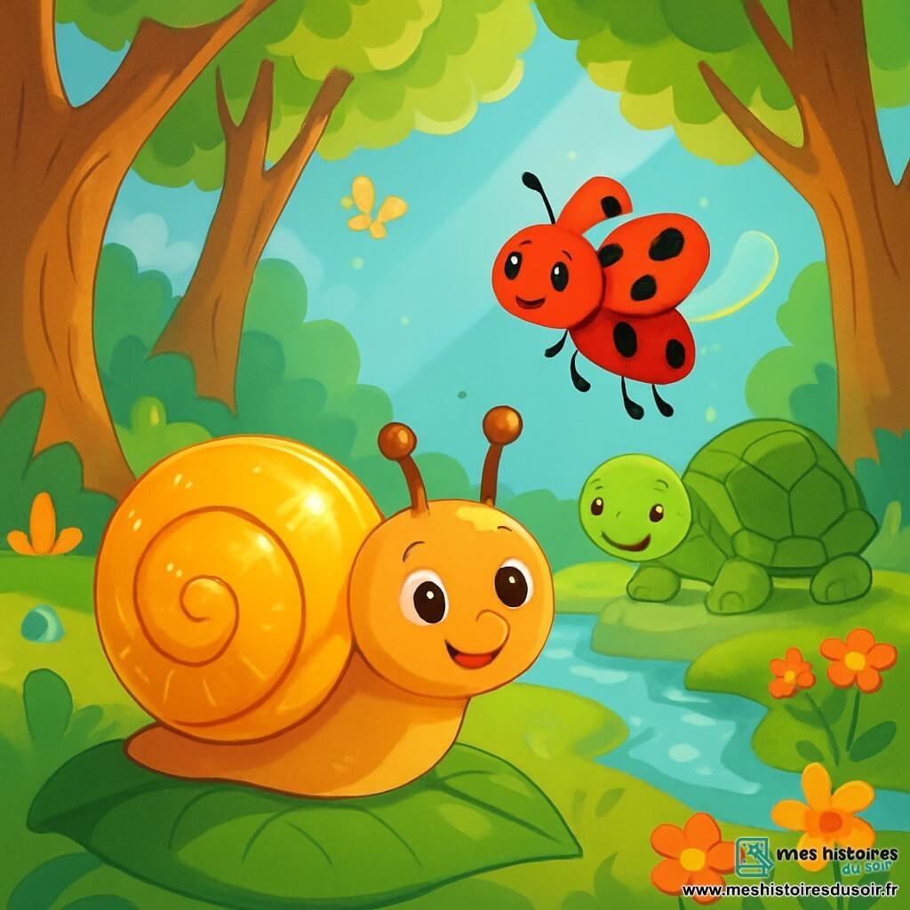 Un petit escargot nommé Gustave, avec une coquille dorée, se tient sur une feuille verte, curieux et émerveillé. À côté de lui, Lila la coccinelle, rouge avec des points noirs, vole joyeusement, ses ailes scintillant au soleil. En arrière-plan, Mamie Olive, une tortue sage avec une carapace marbrée, repose près d'un ruisseau entouré de fleurs et de papillons. La scène se déroule dans une forêt enchantée, avec des arbres noueux et des rayons de soleil créant une atmosphère magique. Gustave et Lila partagent un moment de bonheur, prêts à découvrir le secret de la coquille de Gustave.