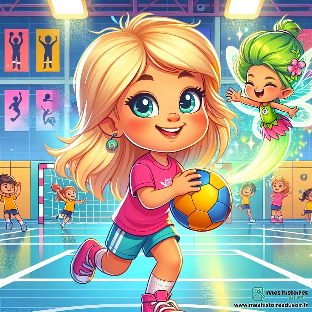 Léa, une petite fille de 6 ans aux cheveux blonds et aux yeux pétillants, sourit en dribblant un ballon de handball. Elle porte un t-shirt rose et un short bleu, ses joues rosies par l'excitation. À ses côtés, Zéphyr, un lutin magique aux ailes scintillantes et cheveux verts, virevolte en l'encourageant. Le gymnase est coloré, avec des lignes blanches et des posters de sportifs. Les enfants jouent autour d'eux, riant et s'amusant. Léa et Zéphyr participent à un jeu d'équipe, où Léa a réussi un tir spectaculaire vers le but, créant une ambiance joyeuse et énergique.