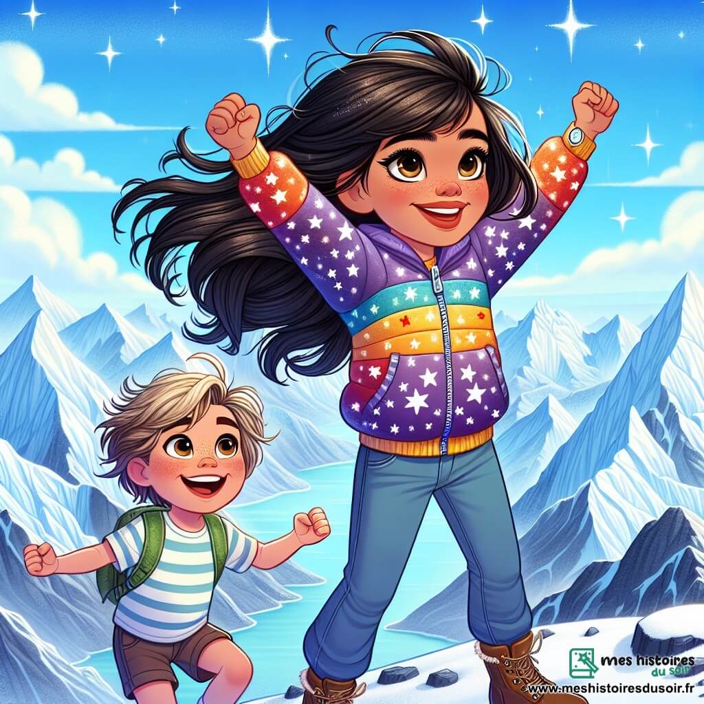 Au sommet de la Montagne Blanche, Léna, 10 ans, se tient debout les bras levés en signe de triomphe, avec ses longs cheveux bruns et une veste colorée à motifs d'étoiles. À ses côtés, Hugo, 8 ans, saute de joie, avec ses cheveux blonds en bataille, un t-shirt rayé et un short. Leur sourire éclatant témoigne de leur excitation après une aventure incroyable. Le décor est époustouflant, avec des glaciers scintillants, des nuages blancs dans le ciel bleu et des montagnes majestueuses. Ils célèbrent leur victoire après avoir rencontré un dragon légendaire, entourés par la beauté de la nature.