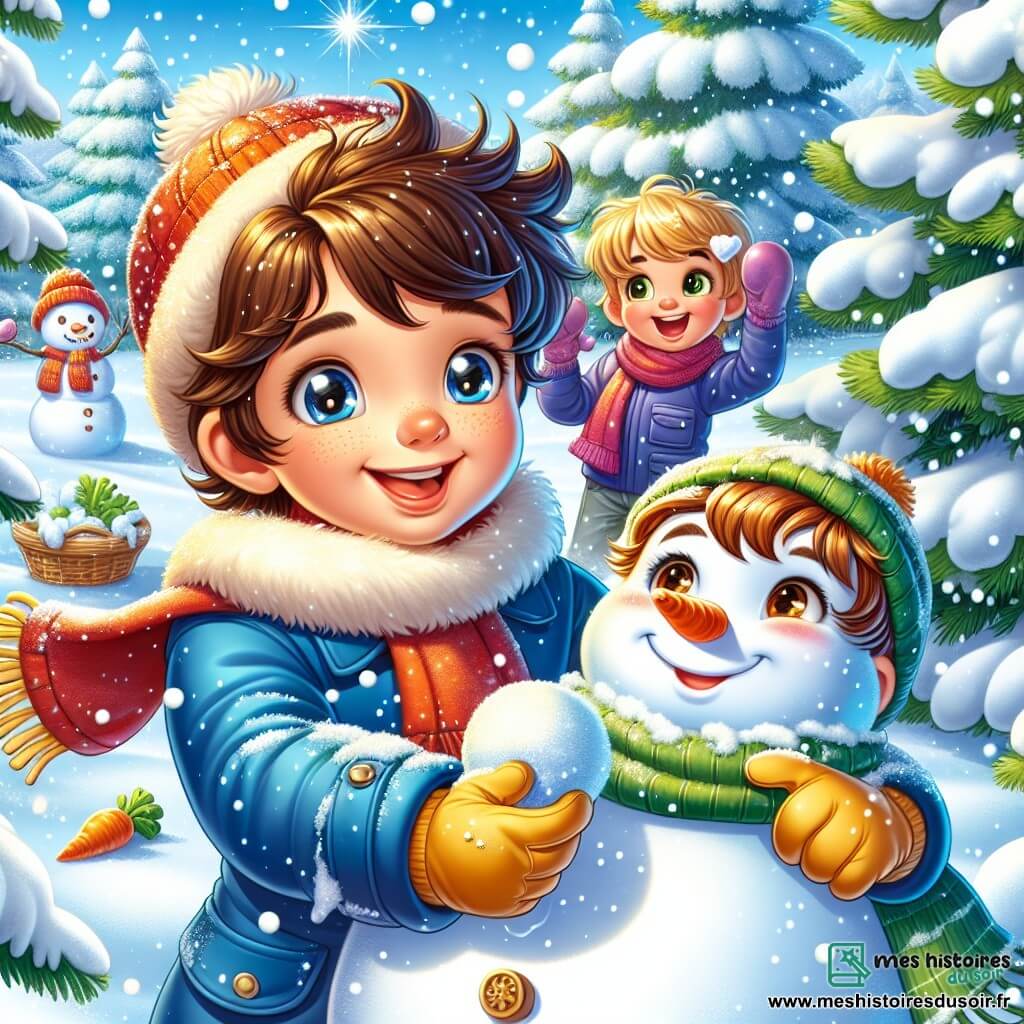 Un garçon de 12 ans, Lucas, construit un bonhomme de neige dans un jardin recouvert de neige scintillante. Il porte un manteau bleu, un bonnet rouge et des gants jaunes, affichant une grande joie. Près de lui, son ami Max, également âgé de 12 ans, lance une boule de neige en riant. Le jardin est entouré de sapins chargés de neige et le ciel est bleu avec quelques nuages. La scène montre Lucas plaçant une carotte pour le nez de son bonhomme de neige, sous une neige tombante, créant une atmosphère magique.