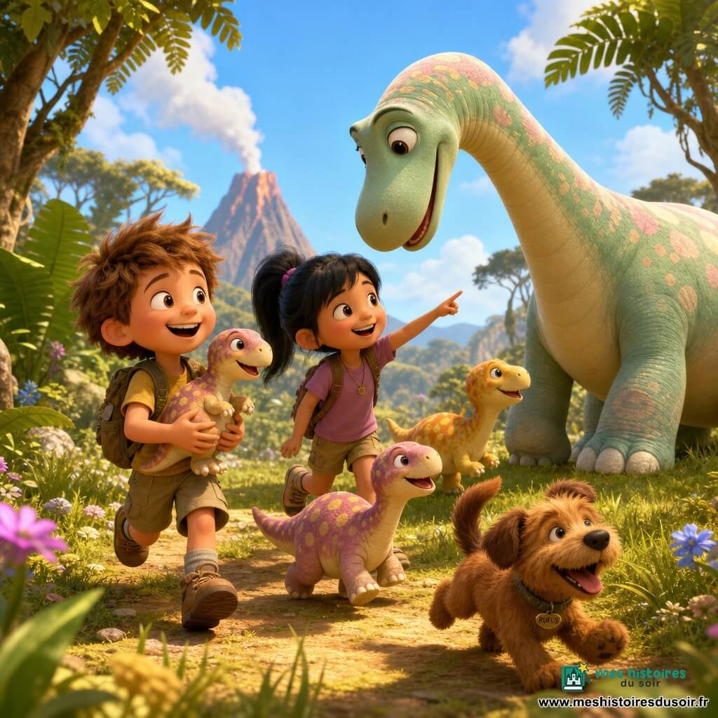 Maxime, 6 ans, joyeux et essoufflé, tient un petit dinosaure tacheté tandis que Léa, 6 ans, souriante, désigne une maman diplodocus verte et douce qui s'agenouille au loin; Rufus, petit chien brun, court en remuant la queue; quelques bébés dinosaures colorés gambadent vers leur mère dans une clairière préhistorique ensoleillée (herbes hautes, fougères, arbres larges, volcan à l'horizon), scène chaleureuse et complice, rendu 3D doux, couleurs vives et textures pelucheuses.