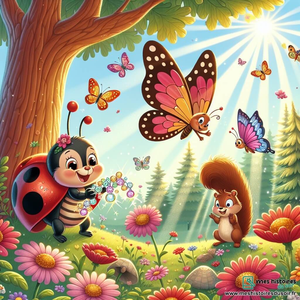 Illustration d'une coccinelle aux ailes rouges éclatantes, souriant tout en tenant un collier de gouttes de rosée, accompagnée d'un papillon coloré et d'un écureuil espiègle près d'un grand arbre. Le jardin enchanté est rempli de fleurs vibrantes et d'un majestueux chêne, créant une atmosphère magique. La coccinelle et ses amis célèbrent leur amitié entourés de papillons et de fleurs. Des rayons de soleil illuminent la scène, tandis que des oiseaux chantent, ajoutant de la vie à ce moment de bonheur partagé.