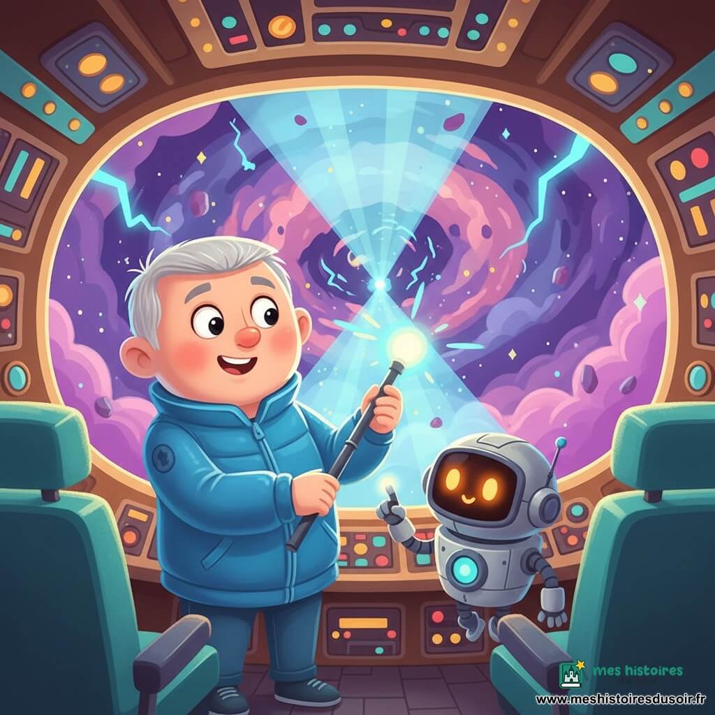 Max, visage rond, souriant mais concentré, cheveux gris clair en brosse, veste bleue, tient une canne lumineuse qui trace un tunnel de lumière dans le cockpit du vaisseau; un petit robot rond à écran visage clignote en orange et pointe une trajectoire sur une console; intérieur chaleureux aux commandes colorées, sièges turquoise et fenêtres ovales; dehors, une tempête spatiale violette et rose avec éclairs cyan, étoiles et débris, Max guide le vaisseau à travers la tempête.