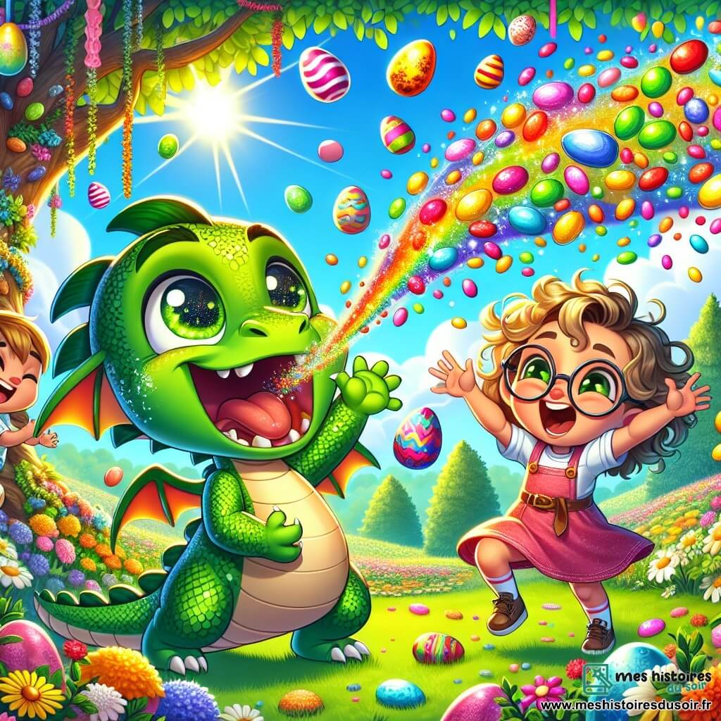 Un petit dragon nommé Zibou, avec des écailles vertes et de grands yeux joyeux, se tient dans un jardin ensoleillé, crachant des bonbons colorés. À ses côtés, une petite fille nommée Mia, aux cheveux bouclés et en robe rose, saute de joie, émerveillée par les bonbons. Un garçon aux lunettes, avec des cheveux blonds en bataille, se penche pour ramasser un œuf de Pâques brillant, surpris et excité. Le jardin est rempli de fleurs éclatantes et d'arbres verdoyants, sous un ciel bleu avec des nuages blancs. Zibou et les enfants célèbrent une chasse aux œufs de Pâques, créant une ambiance festive et magique.