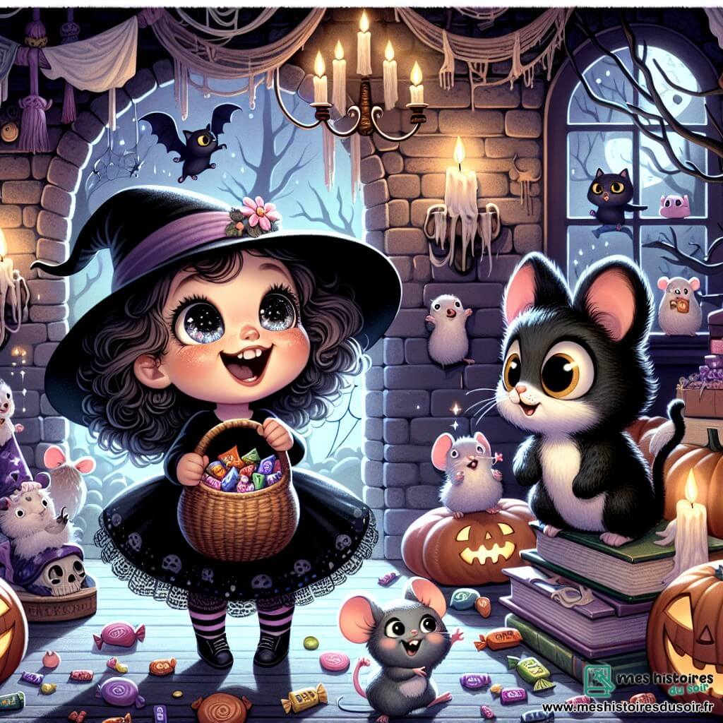 Lila, une petite fille de 4 ans aux grands yeux pétillants et cheveux bouclés, porte un costume de sorcière noir avec un chapeau pointu. Elle sourit, tenant un panier de bonbons colorés. À ses côtés, Tom, un petit chat noir aux yeux jaunes, la regarde avec curiosité. Plus loin, Mia, une souris grise sur une pile de livres, observe la scène avec inquiétude. Ils se trouvent dans une maison hantée aux murs sombres et décorée de toiles d'araignée et de décorations d'Halloween. Lila, Tom et Mia découvrent des bonbons cachés, entourés de mystère et de magie, tandis qu'un petit fantôme souriant les observe, prêt à les guider dans leur aventure.