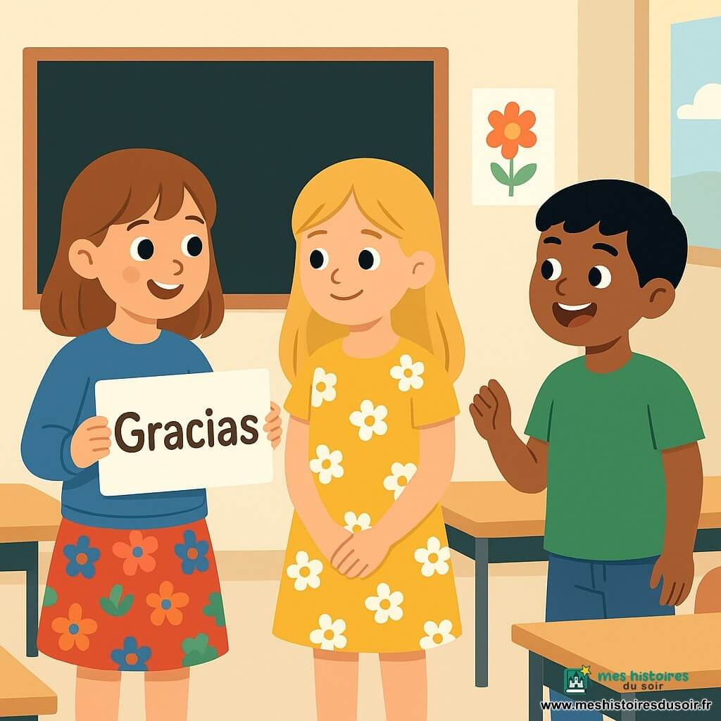 Clara, une fille de 8 ans avec des cheveux châtain clair et des yeux pétillants, sourit en tenant une carte avec "Gracias" écrit dessus. Elle porte un pull bleu et une jupe colorée. À côté d'elle, Anya, une fille de 8 ans aux cheveux blonds et yeux bleus, sourit timidement. Elle a une robe jaune à fleurs. Yassine, un garçon de 8 ans avec des cheveux noirs et yeux marron, rit joyeusement. Il porte un t-shirt vert et un jean. Ils sont dans une salle de classe lumineuse avec des murs décorés de dessins d'enfants et une grande fenêtre. Les tables sont en demi-cercle autour d'un tableau noir. Clara et ses amis échangent des mots gentils en différentes langues, créant une atmosphère joyeuse et de partage.