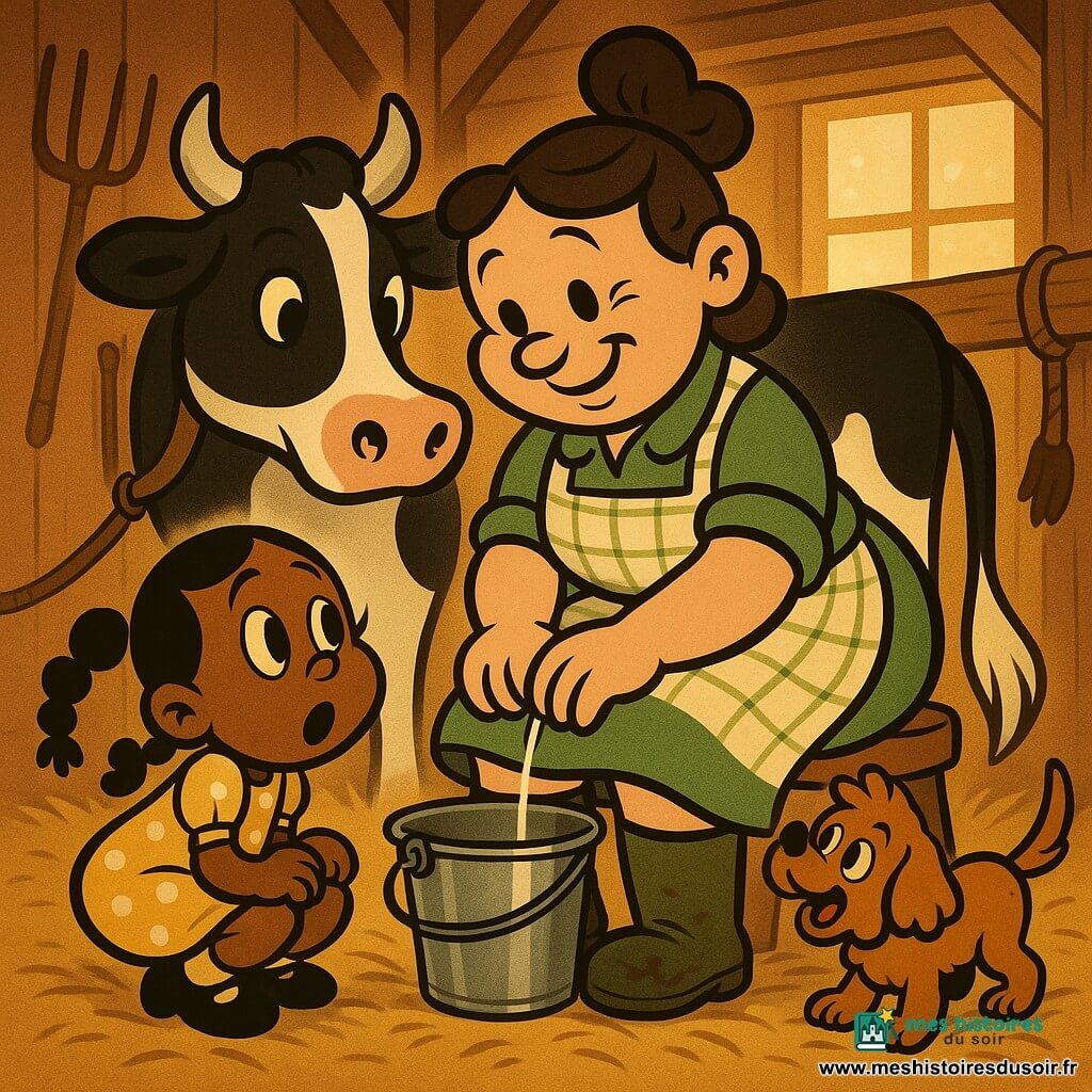Jeanne, agricultrice souriante aux cheveux bruns en chignon et tablier à carreaux, traye doucement la vache Lili dans une grange en bois chaleureuse tandis qu'Emma, une fillette de six ans en robe jaune, la regarde émerveillée, le chien Biscotte remuant la queue près des bottes; gouttes de lait tombant dans un seau métallique, ambiance tendre aux couleurs chaudes et style cartoon rétro.
