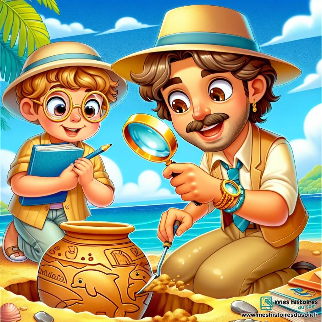 Léo, un archéologue, est penché sur le sol avec un grand chapeau beige et une loupe autour du cou. Ses yeux pétillent de curiosité et il sourit, les mains couvertes de terre, tenant une truelle. À ses côtés, Emma, une petite fille de 7 ans aux cheveux bouclés et lunettes rondes, observe avec un carnet et un crayon, prête à dessiner. En arrière-plan, une plage magnifique avec des vagues turquoise et des palmiers. Léo découvre un ancien vase en terre cuite décoré de motifs de dauphins, tandis qu'Emma s'exclame de joie, les yeux brillants d'excitation.