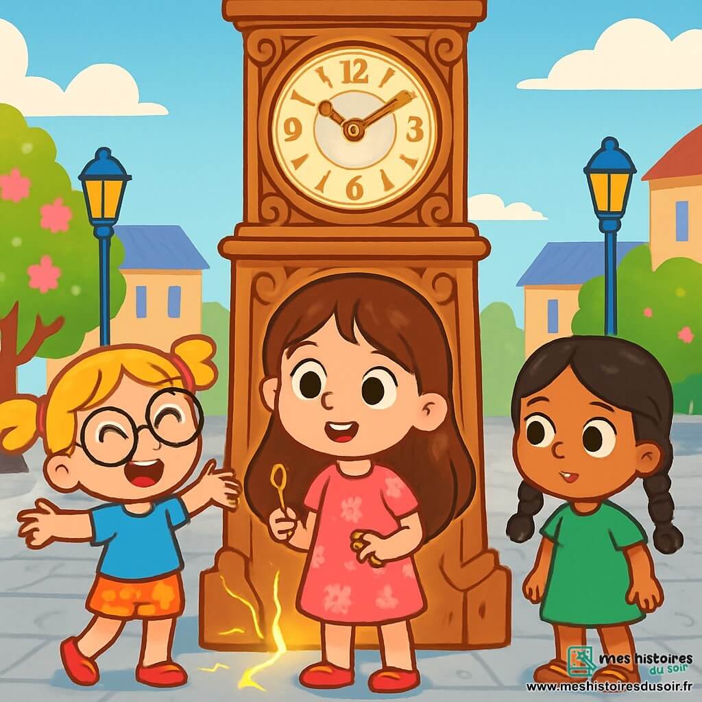 Trois personnages sont présents : Mila, une fille de 5 ans aux longs cheveux bruns, portant une robe rose et tenant une clé dorée, se tient au centre, émerveillée par une fissure de l'horloge. À gauche, Zoé, également âgée de 5 ans, avec des cheveux blonds en couettes et des lunettes rondes, est joyeuse dans son t-shirt bleu et son short à pois. À droite, Lila, avec des cheveux noirs en tresses et une robe verte, observe sérieusement la fissure. La scène se déroule sur une grande place avec une horloge ancienne ornée de sculptures en bois et de chiffres dorés, entourée de pavés en pierre grise, de lampadaires colorés et d'arbres fleuris. Les filles découvrent une fissure mystérieuse à la base de l'horloge, d'où émane une douce lumière dorée, suscitant leur curiosité.