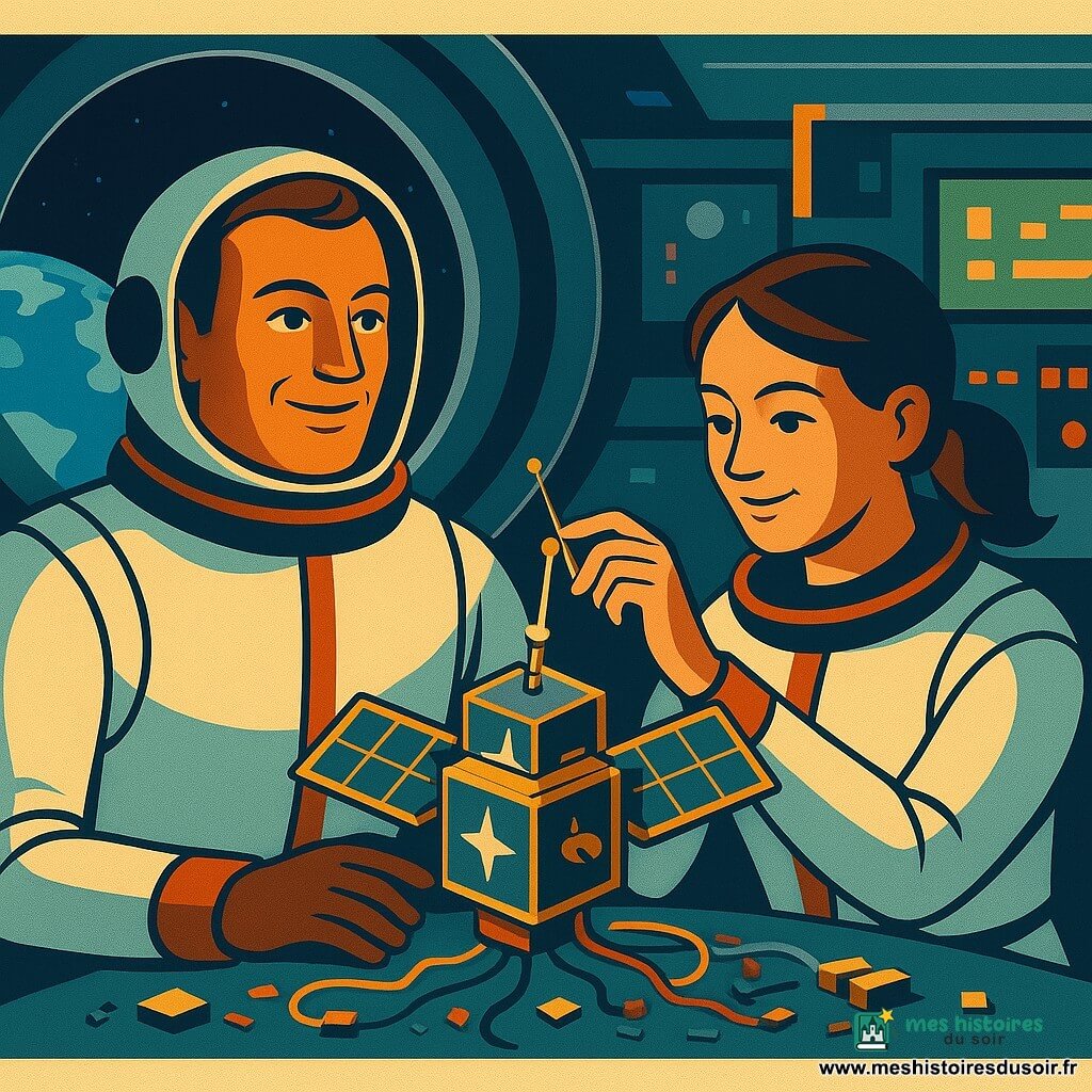Un astronaute d'une quarantaine d'années se tient dans une station spatiale, éclairé par la lumière bleue de la Terre visible à travers une grande fenêtre. Il affiche une expression de joie sereine. À ses côtés, une astronaute d'une trentaine d'années ajuste une antenne sur un mini-satellite. Elle est concentrée et souriante. La station est moderne et lumineuse, avec des panneaux solaires à l'extérieur et des écrans à l'intérieur. La scène principale montre les astronautes assemblant le mini-satellite Étoiline, entourés de câbles et de pièces métalliques, prêts à transmettre des chansons aux enfants de la Terre.