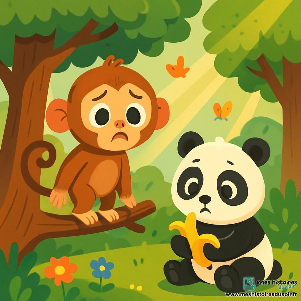 Un petit singe aux poils bruns et soyeux, avec de grands yeux curieux, se tient sur une branche d'arbre, triste et avec une bouche en « o ». À côté, un bébé panda, rond et doux, assis sur l'herbe, tient une banane à moitié mangée, l'air coupable. La scène se déroule dans une forêt enchantée avec de majestueux arbres aux feuilles brillantes, des fleurs colorées au sol et des rayons de lumière filtrant à travers les branches. Le singe cherche sa banane disparue, tandis que le panda réalise qu'il a mangé celle du singe. Ils sont entourés de la beauté de la nature, avec des oiseaux chantants et des papillons.
