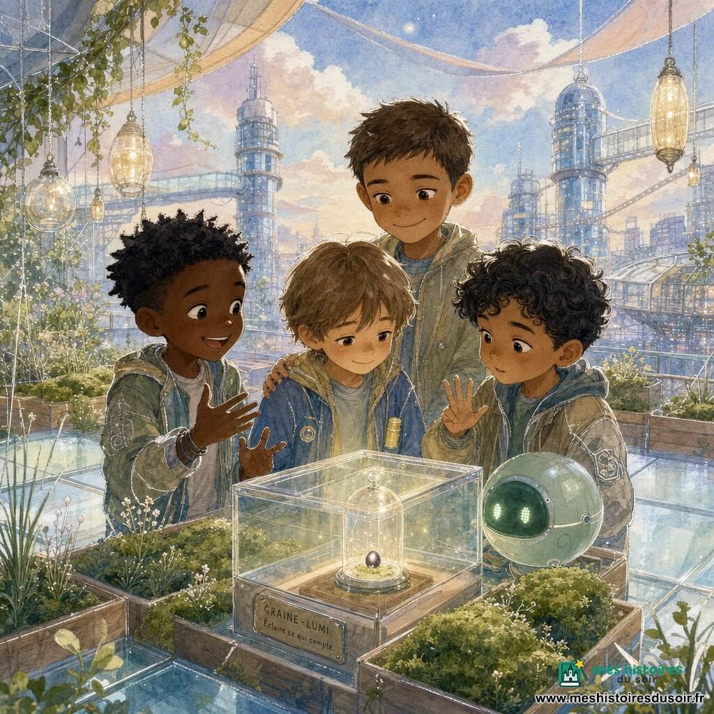 Quatre garçons — Milo (7 ans, petit, cheveux châtain, tient une capsule jaune), Sam (7 ans, énergique, souriant), Yanis (presque 7 ans, concentré, compte sur ses doigts) et Noé (8 ans, plus grand, pose une main protectrice sur l'épaule de Milo) — sont réunis sur un toit-jardin suspendu en dalles de verre devant une serre contenant, sous une cloche transparente, la petite Graine-Lumi noire au point argenté ; un robot-guide sphérique vert clignote à côté, l'ambiance est douce et patiente, palette aquarelle pastel et légers reflets.
