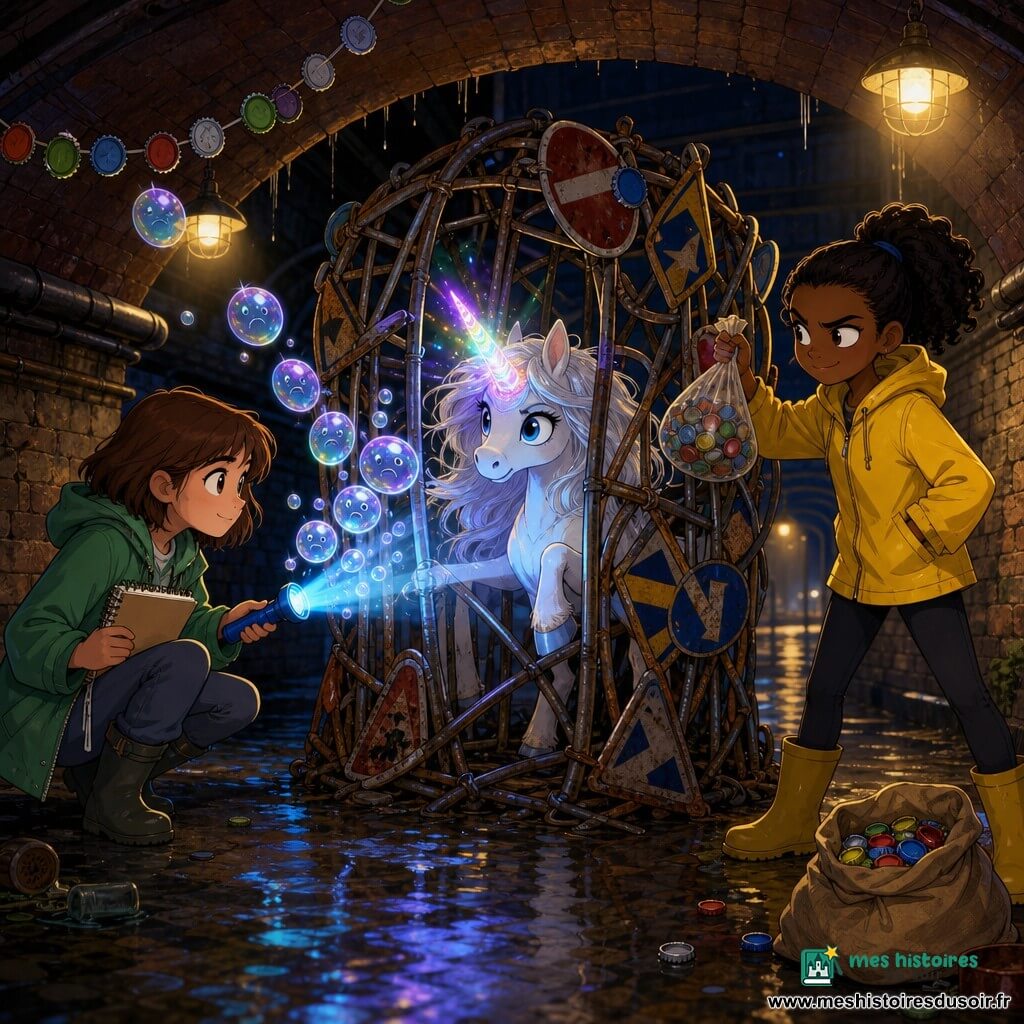 Trois personnages : Léo (11 ans) accroupie à gauche, cheveux châtain courts, veste imperméable verte, carnet à spirale et lampe de poche bleue pointée vers la cage ; Émilie (11 ans) à droite, cheveux noirs en queue de cheval, veste jaune, une main dans la poche et l'autre tenant un sac de bouchons prêt à être lancé, posture audacieuse ; Opaline la licorne poney, robe blanc nacré, crinière argentée flottante, cor opalescent iridescent, enfermée au centre dans une cage faite de panneaux de signalisation tordus. Lieu : sous un vieux pont de canal souterrain, étroit et humide, murs en brique mouillée, flaques réfléchissantes, tuyaux rouillés et guirlandes de bouchons, lumière jaune du plafond créant longues ombres et reflets sur l’eau. Situation : scène de sauvetage tendue et colorée — la lampe bleue de Léo éclaire des bulles lumineuses formant une phrase/mensonge, Émilie se prépare à faire du bruit pour distraire, et Opaline commence à illuminer son cor comme pour ouvrir un passage, ambiance de suspense joyeux et contrastes entre l’ombre humide et les éclats irisés du cor.