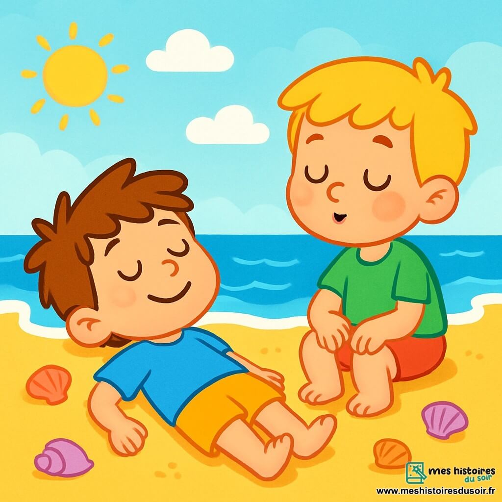 Léo, un garçon de 5 ans aux cheveux bruns en bataille, est allongé sur le sable en t-shirt bleu et short jaune, écoutant les vagues. À côté de lui, Tom, également âgé de 5 ans, avec des cheveux blonds et un t-shirt vert, est assis, les mains sur les genoux, respirant profondément. Ils se trouvent sur une plage ensoleillée avec du sable doré, des vagues douces, un ciel bleu clair et quelques nuages. Des coquillages colorés sont dispersés sur le sable, et un petit bateau à voile est visible au loin. L'histoire montre Léo et Tom se détendant, bercés par le murmure des vagues et la chaleur du soleil.