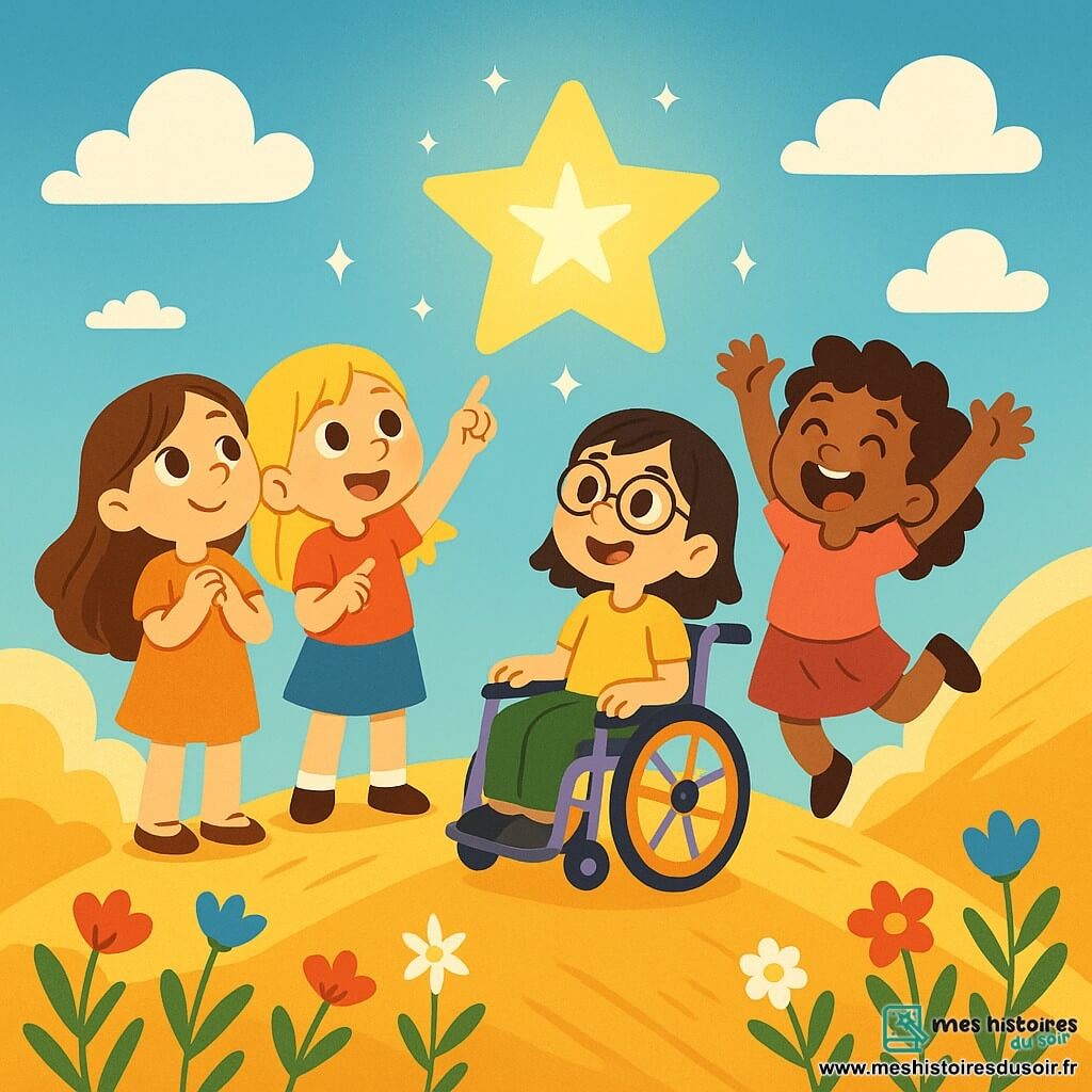 Quatre amies de 8 ans se tiennent au sommet d'une colline dorée. Mia, avec ses longs cheveux bruns, admire le ciel. Aurore, aux cheveux blonds, montre une étoile brillante. Rita, aux cheveux frisés, saute de joie, et Bina, dans son fauteuil roulant coloré, rayonne de bonheur. Le paysage est une mer de dunes de sable doré avec des fleurs sauvages colorées. Au loin, un ciel bleu est parsemé de nuages blancs. Les amies découvrent un trésor caché, une étoile brillante, symbolisant leurs rêves et les leçons sur l'amitié et l'acceptation de soi.