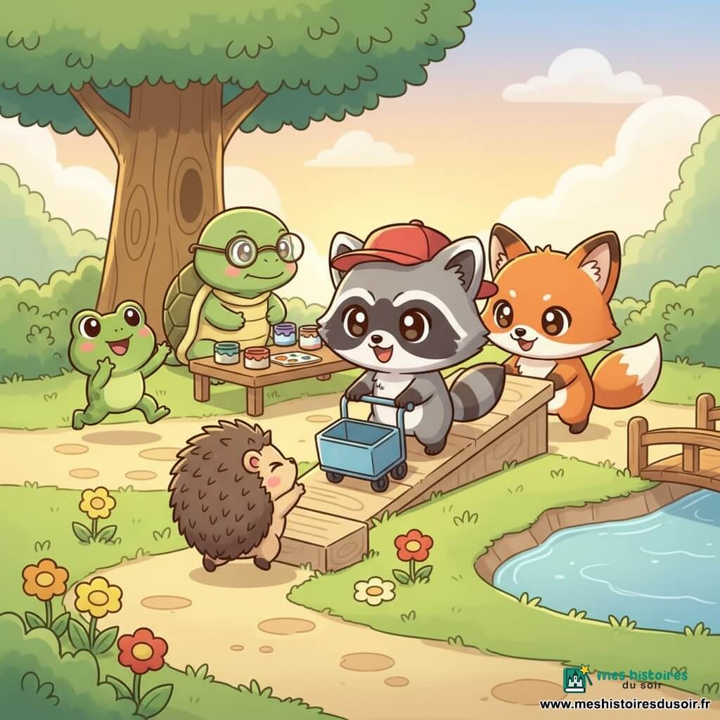 Nino, un petit raton laveur chibi aux grands yeux, casquette rouge et masque noir, pousse un chariot bleu sur une rampe en bois vers une table de peinture; un renardeau rousse encourage depuis la droite, un hérisson souriant tient la rampe au milieu, une grenouille verte applaudit à gauche et, en arrière-plan sous un arbre, une vieille tortue aux lunettes veille près d'une table de bocaux et pinceaux; scène dans un parc herbeux au coucher avec pont et étang, ambiance chaleureuse et coopérative, couleurs vives, style kawaii rond et expressif.