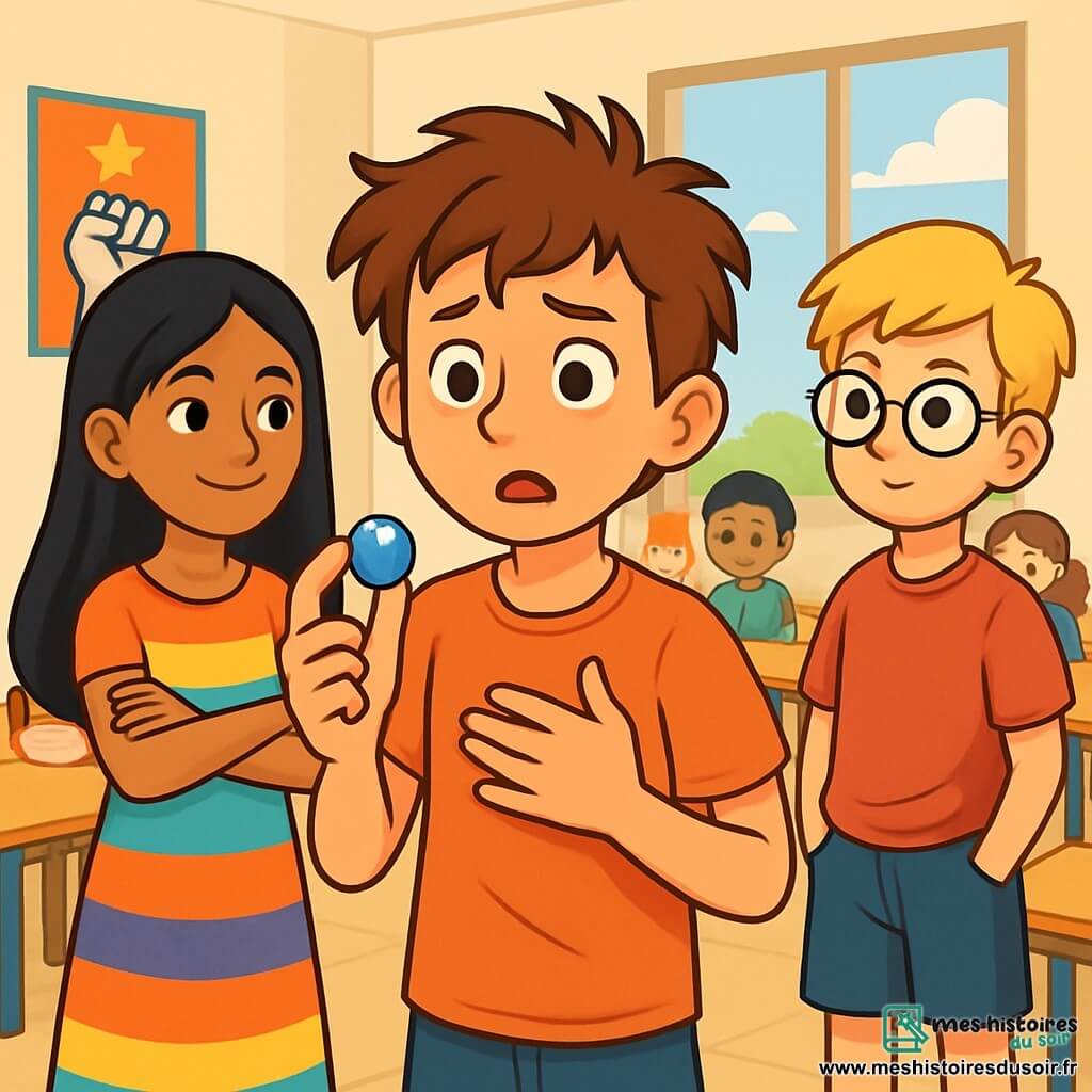 Un garçon de 12 ans, Noé, avec des cheveux bruns en bataille et des yeux curieux, se tient au centre de l'image, l'air inquiet mais déterminé, tenant une bille de verre bleue dans sa main droite et la main gauche sur son cœur. À côté de lui, sa meilleure amie Samira, également âgée de 12 ans, avec des cheveux longs et noirs et une robe colorée, le regarde avec un sourire encourageant. Lucas, un autre garçon de 12 ans aux cheveux blonds et lunettes rondes, se tient légèrement en arrière, pensif. La scène se déroule dans une salle de classe lumineuse, décorée de posters sur la confiance et la vérité, avec des tables en bois disposées en cercle et des enfants écoutant attentivement. Noé, nerveux mais résolu, se prépare à partager son secret, créant une atmosphère d'excitation et de curiosité.